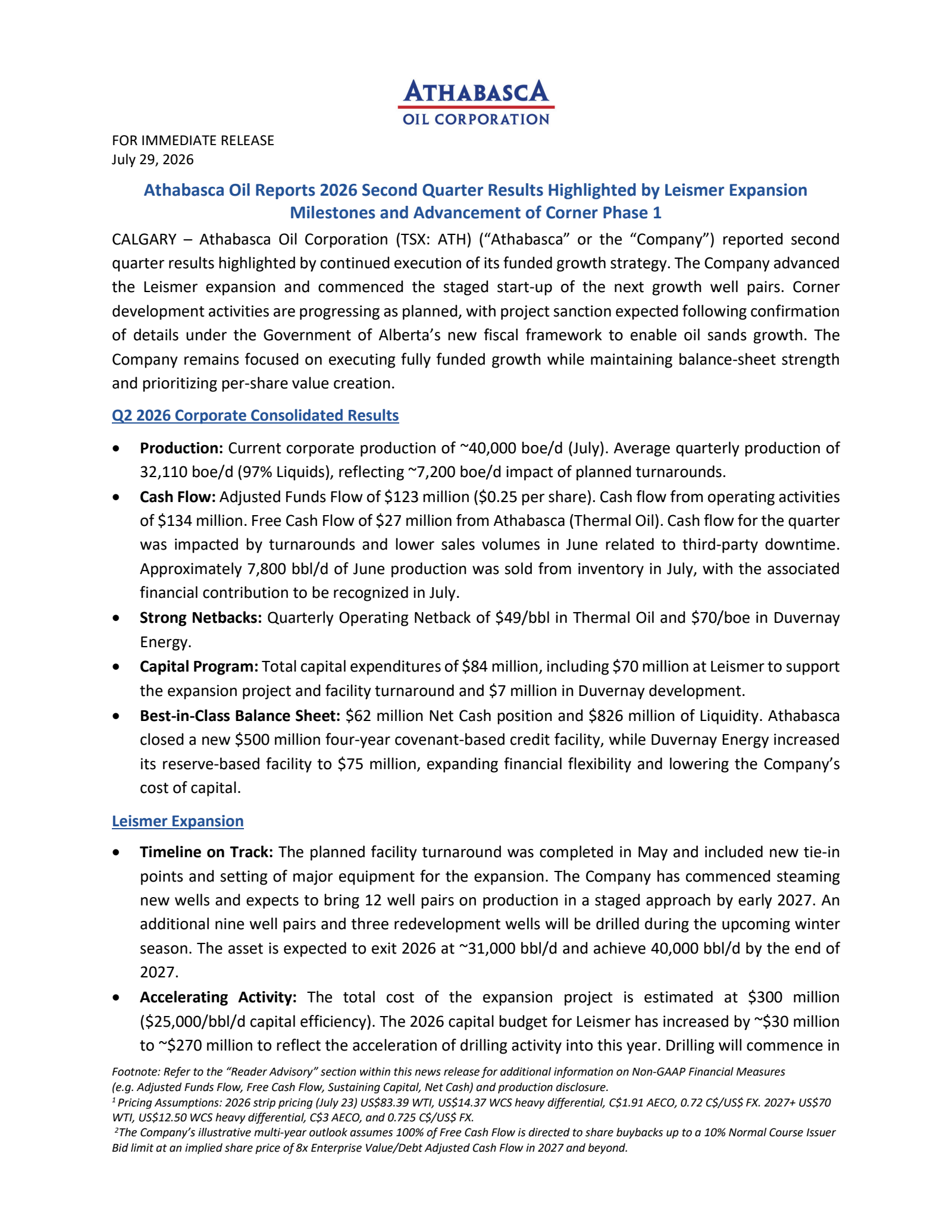 Athabasca Oil's Q2 2026 Press Release