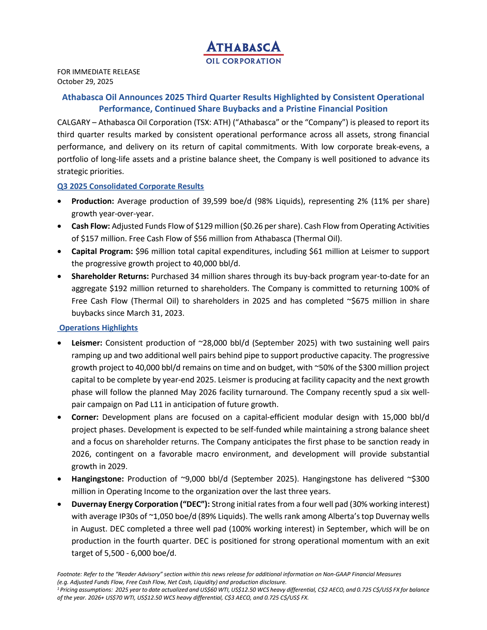 Athabasca Oil's Q3 2025 Earnings Release