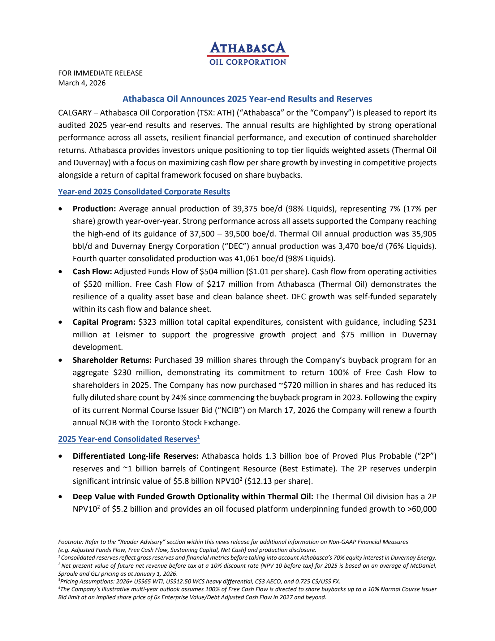 Athabasca Oil's Q4 2025 Press Release