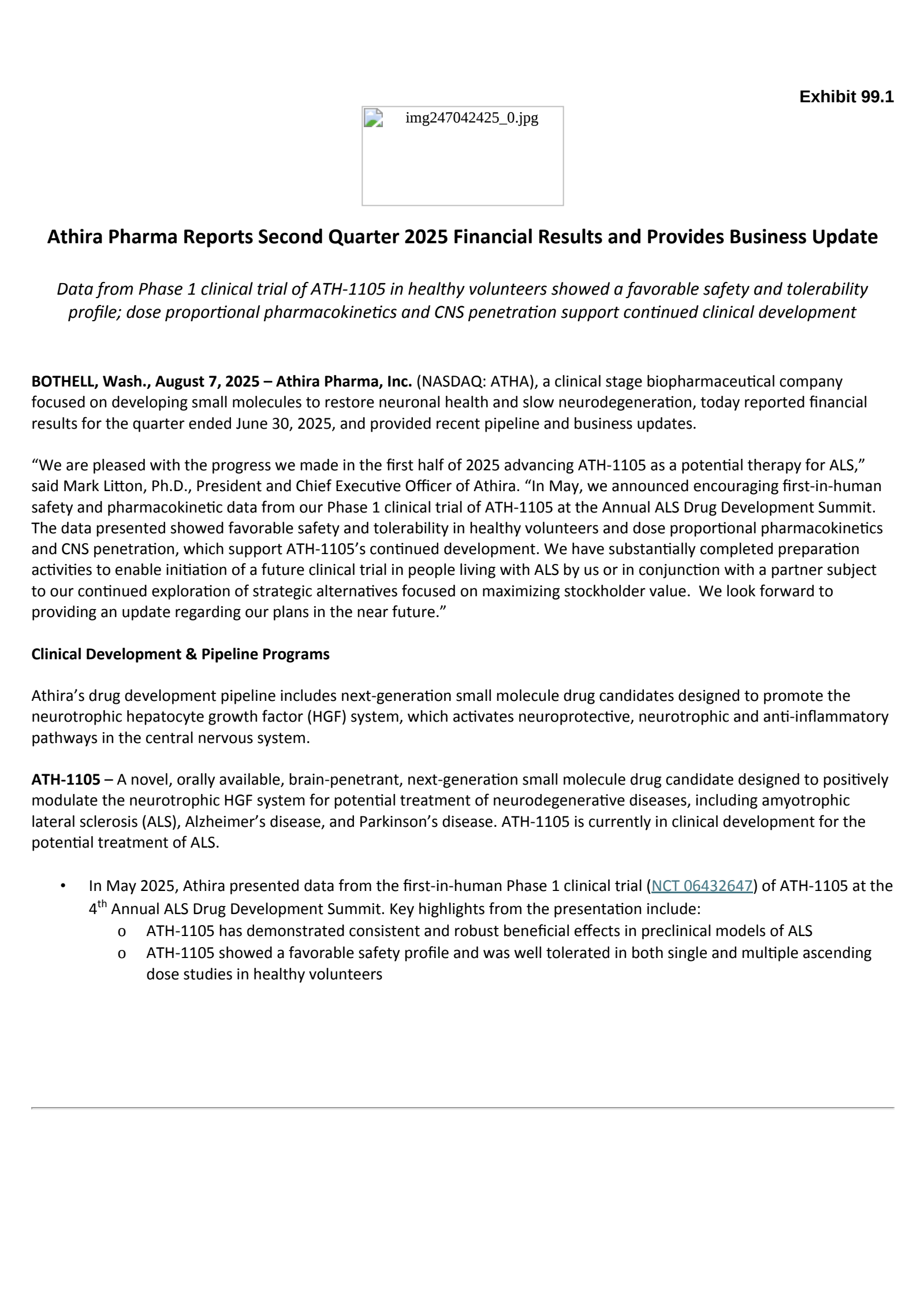 Athira Pharma's Q2 2025 Press Release