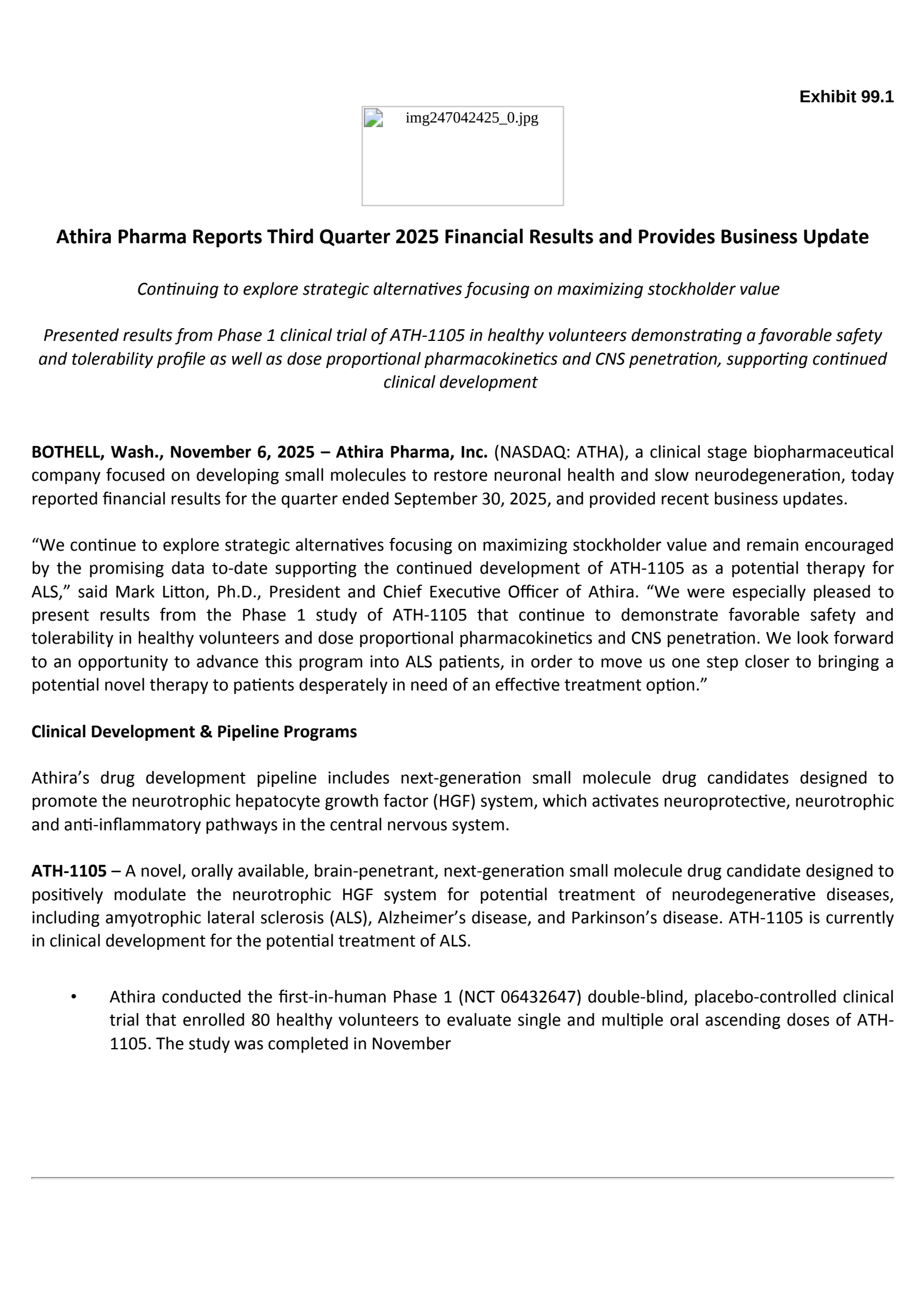 Athira Pharma's Q3 2025 Earnings Release