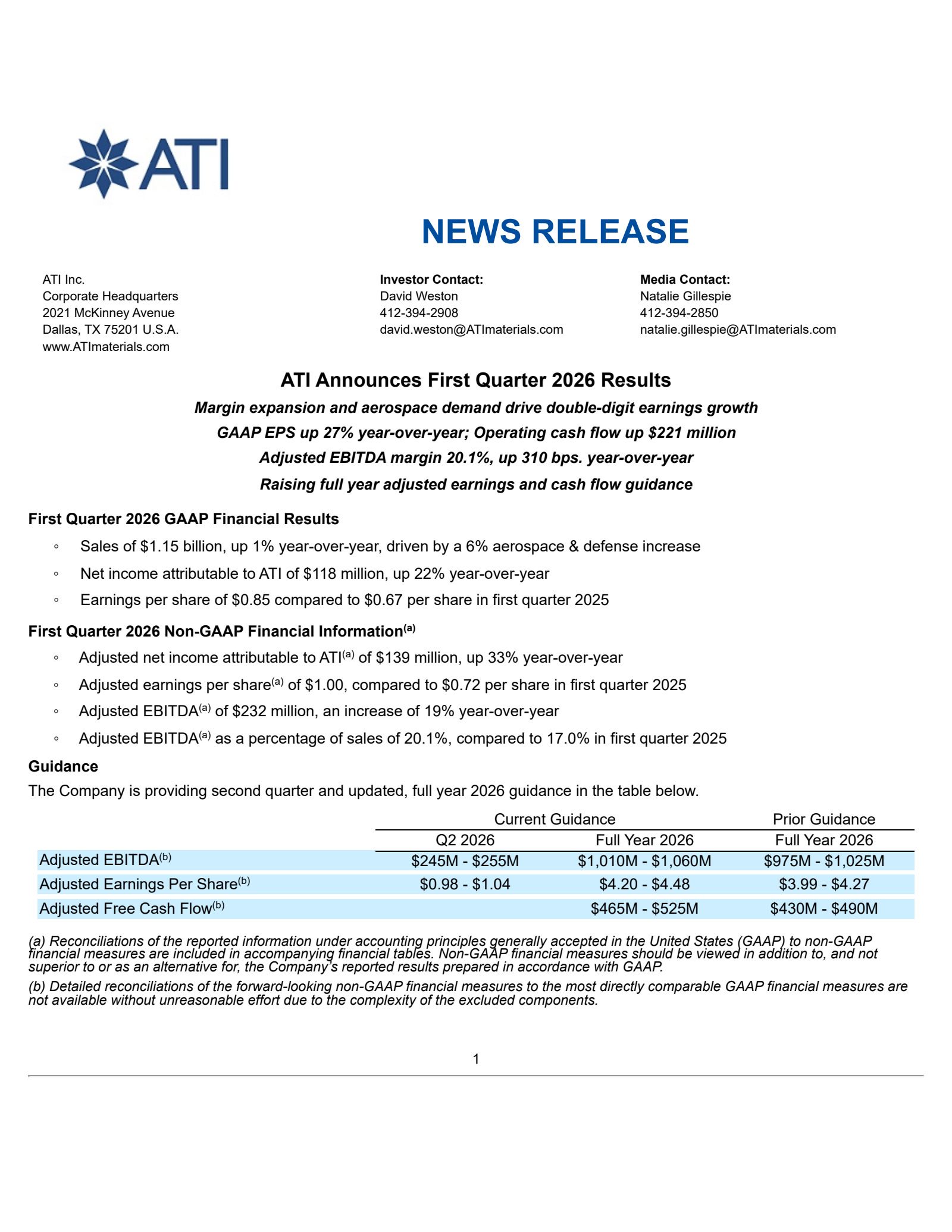 ATI's Q1 2026 Press Release