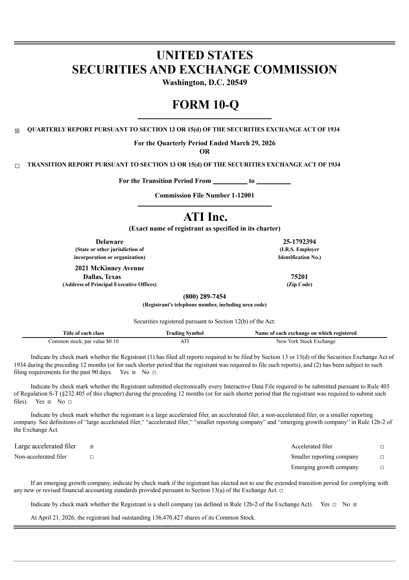 ATI's Q1 2026 Quarterly report