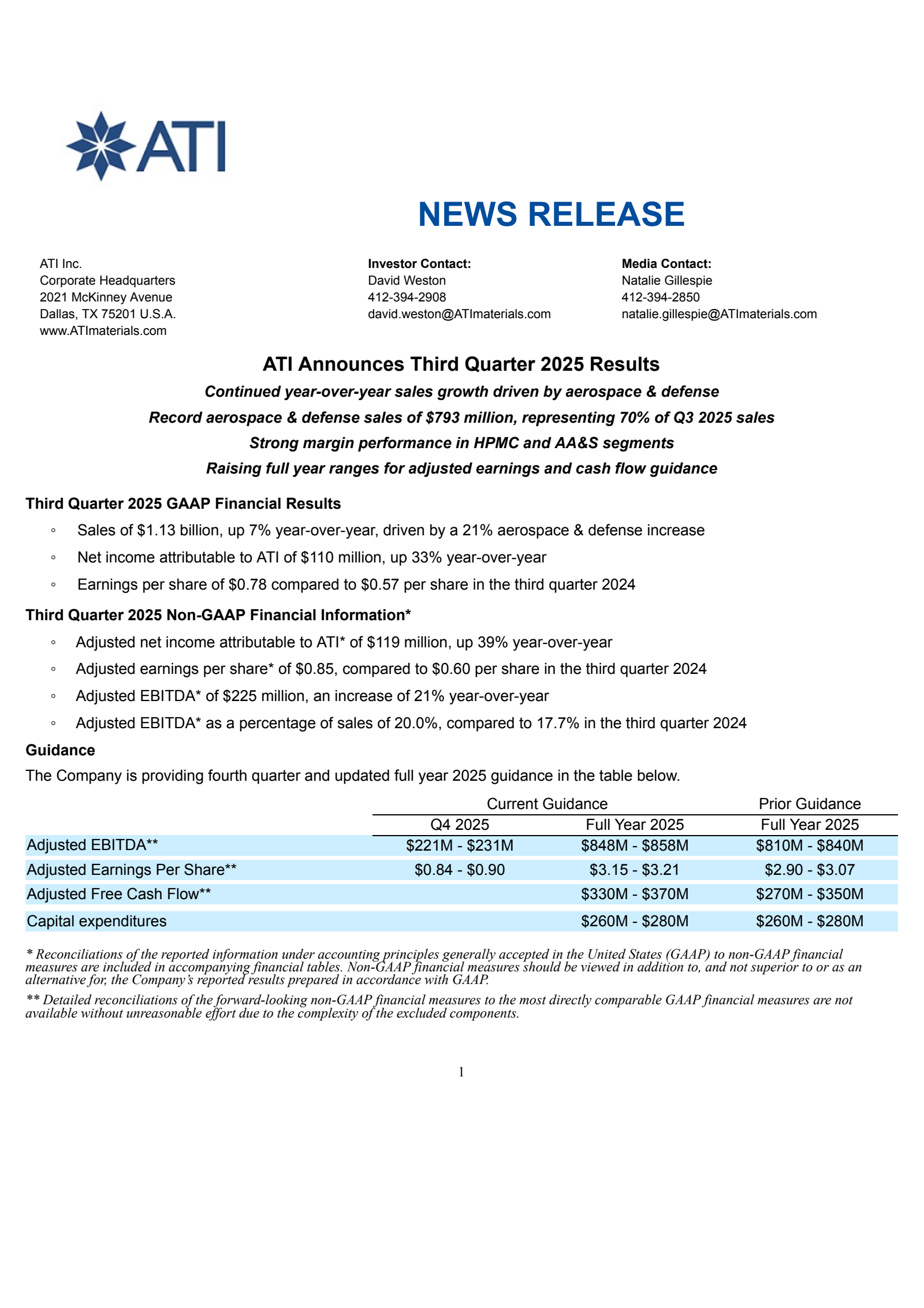 ATI's Q3 2025 Earnings Release