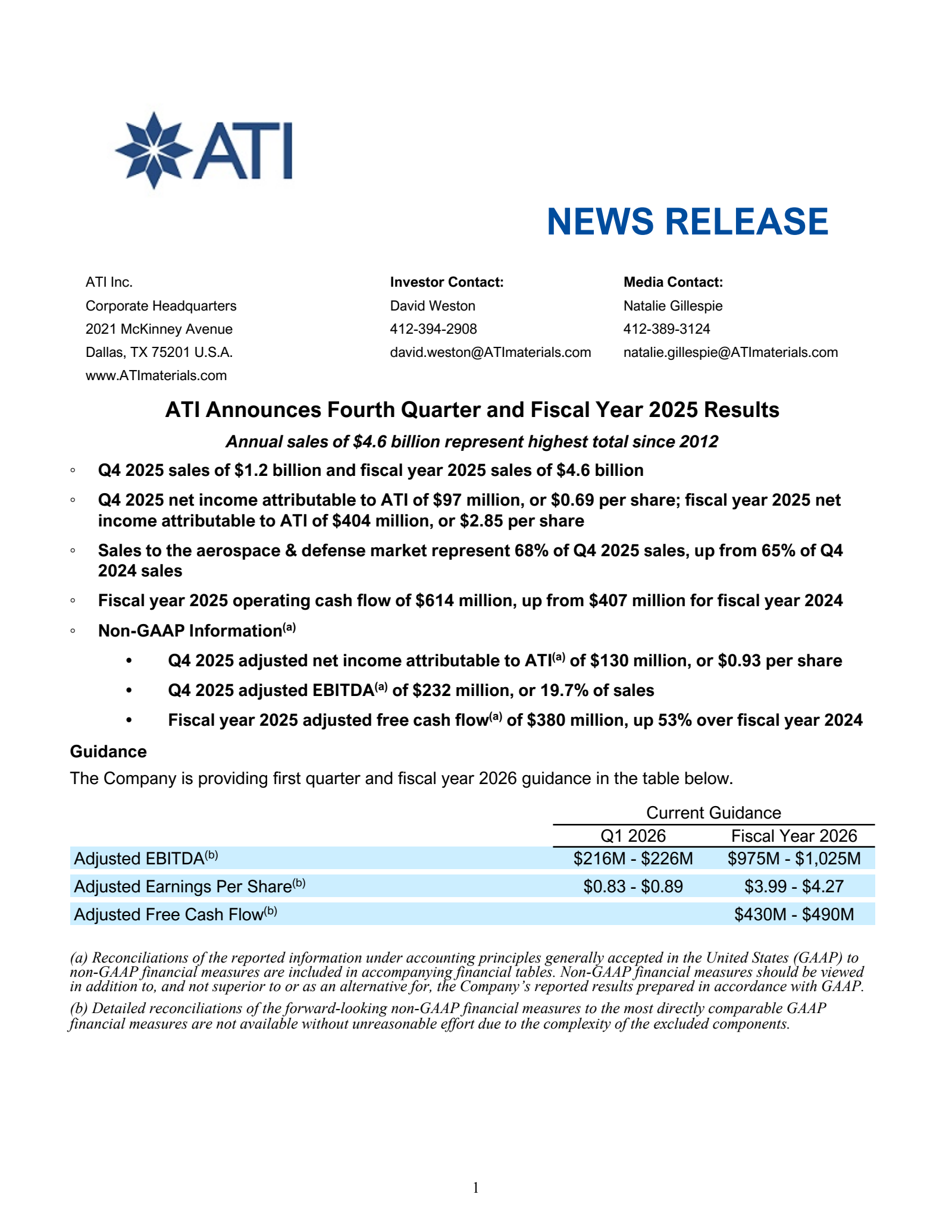 ATI's Q4 2025 Press Release