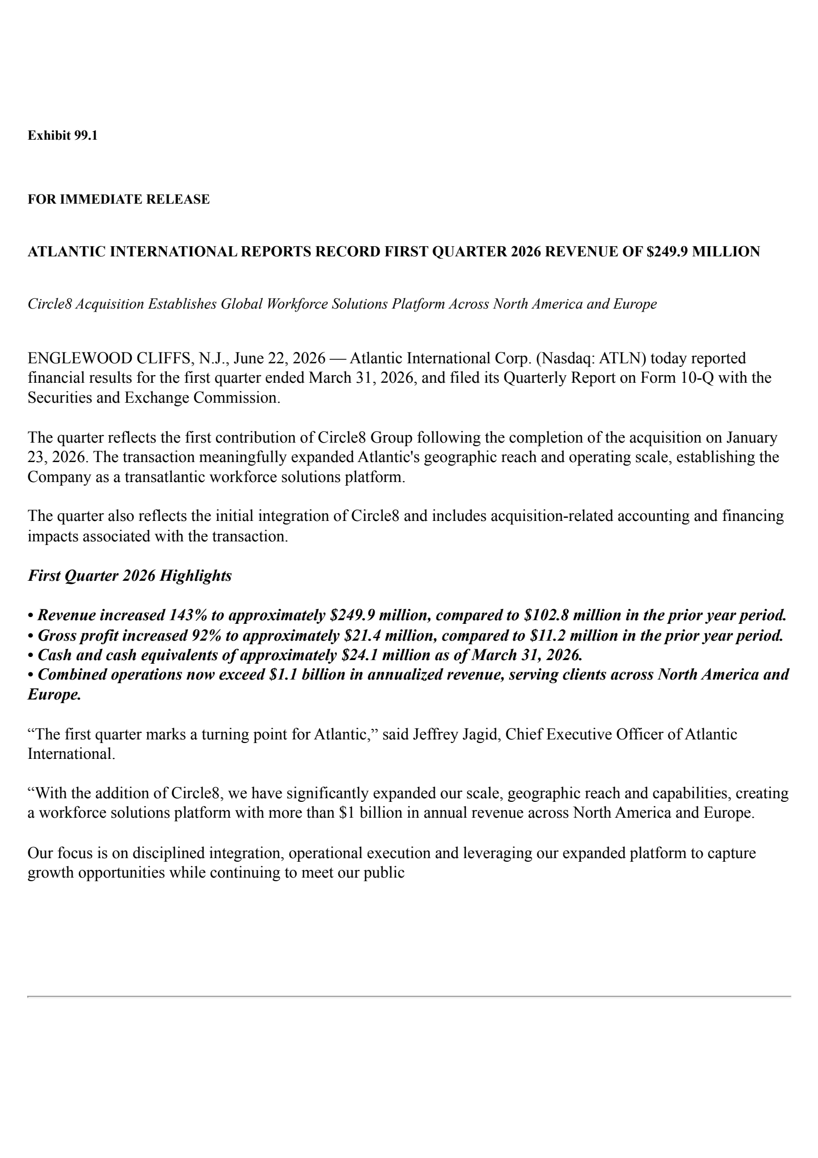 Atlantic International's Q1 2026 Press Release