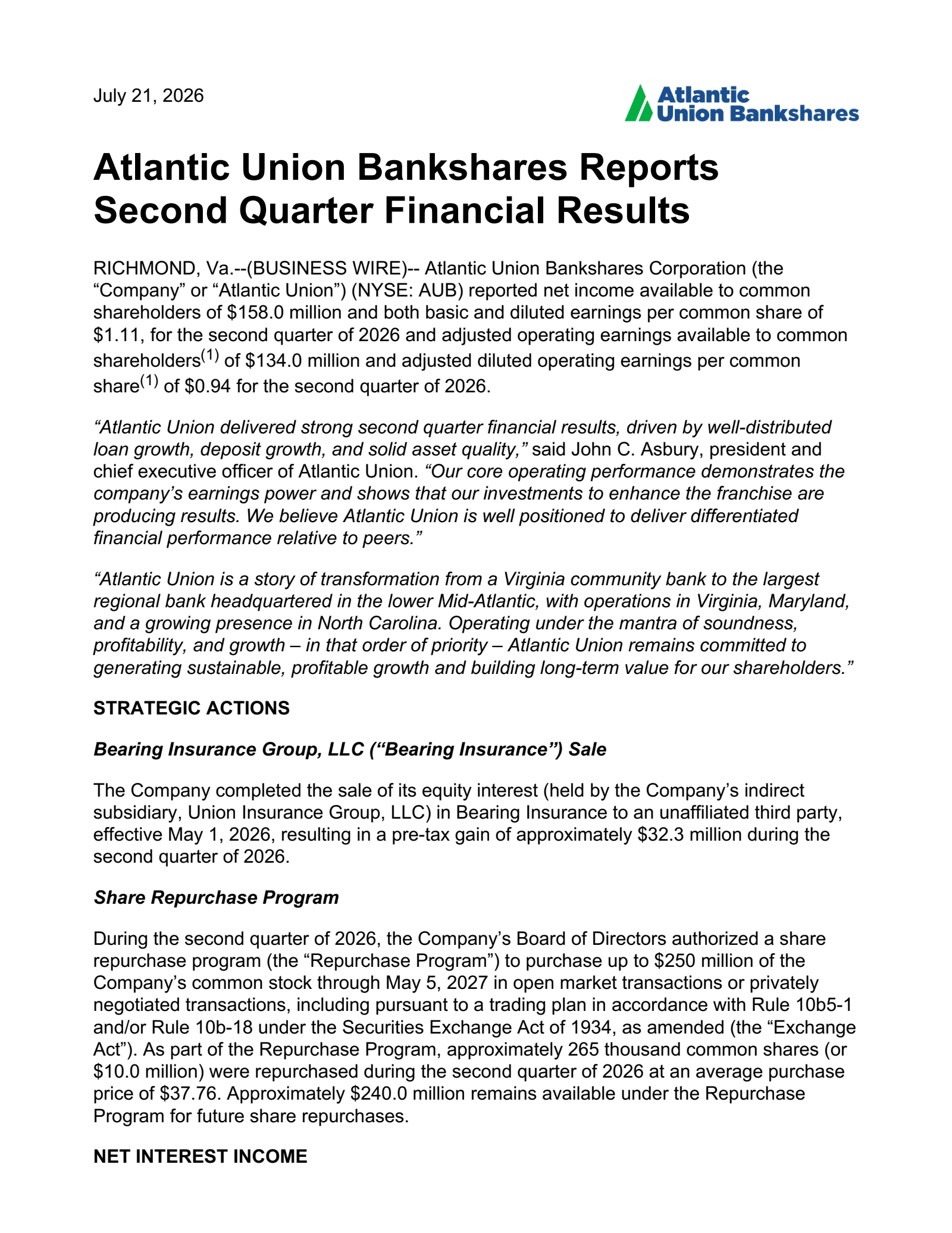 Atlantic Union Bankshares' Q2 2026 Press Release