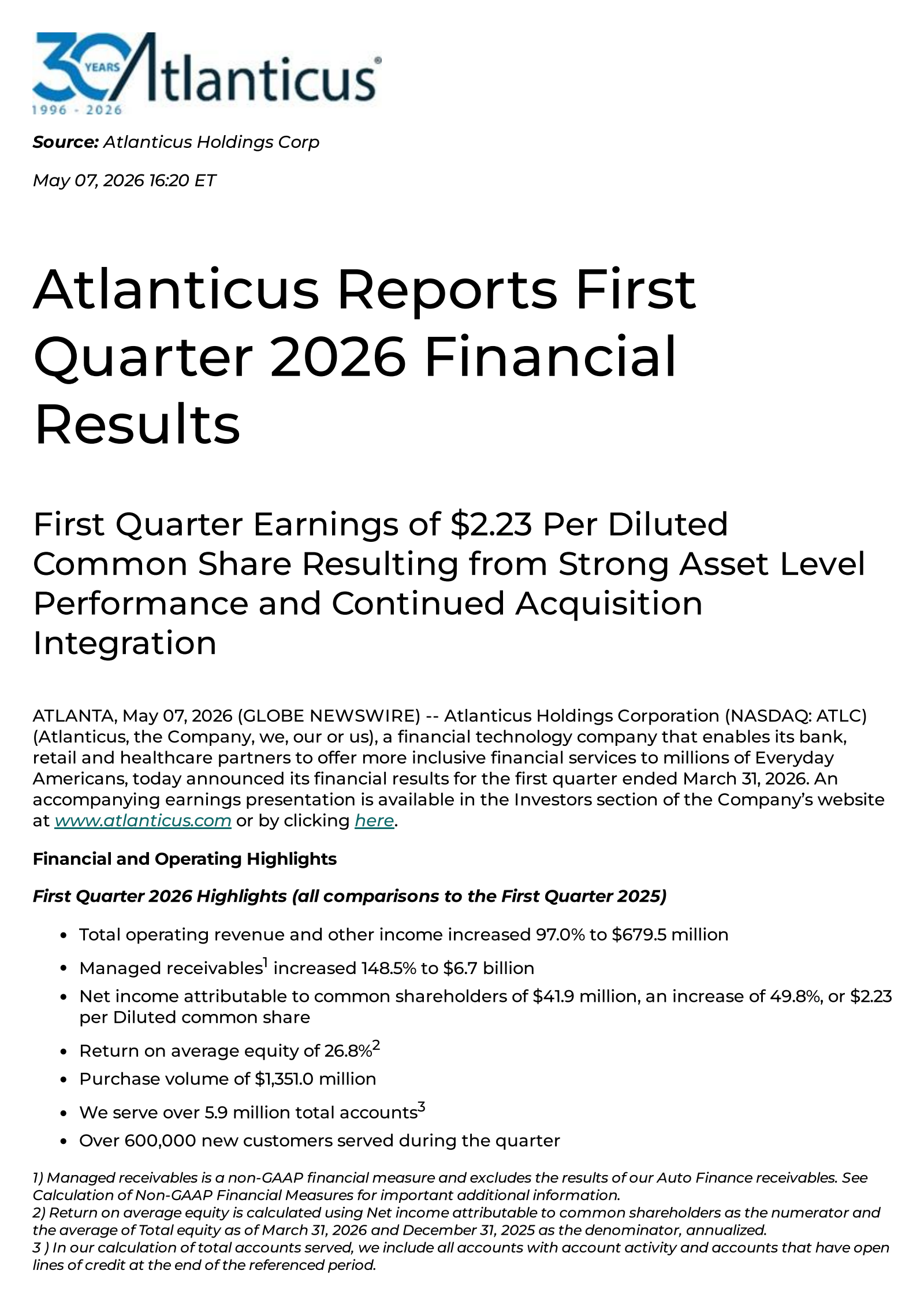 Atlanticus' Q1 2026 Press Release