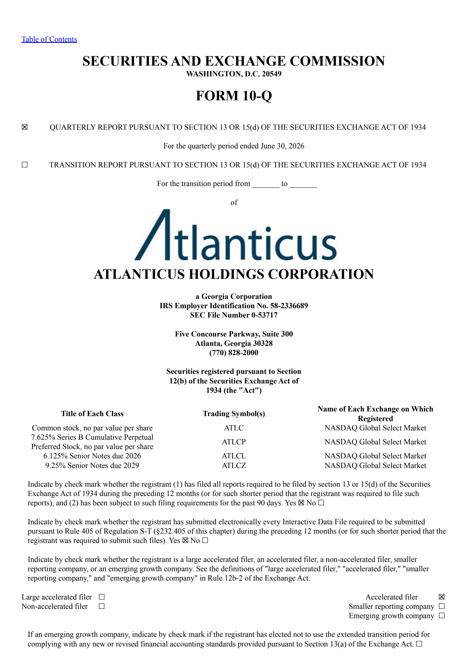 Atlanticus' Q2 2026 Quarterly report