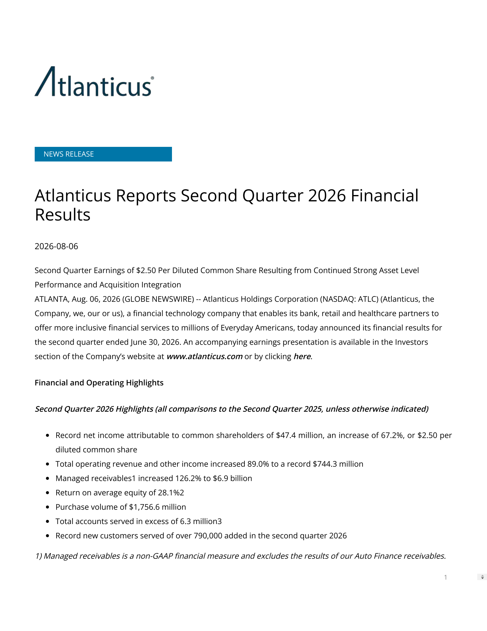 Atlanticus' Q2 2026 Press Release