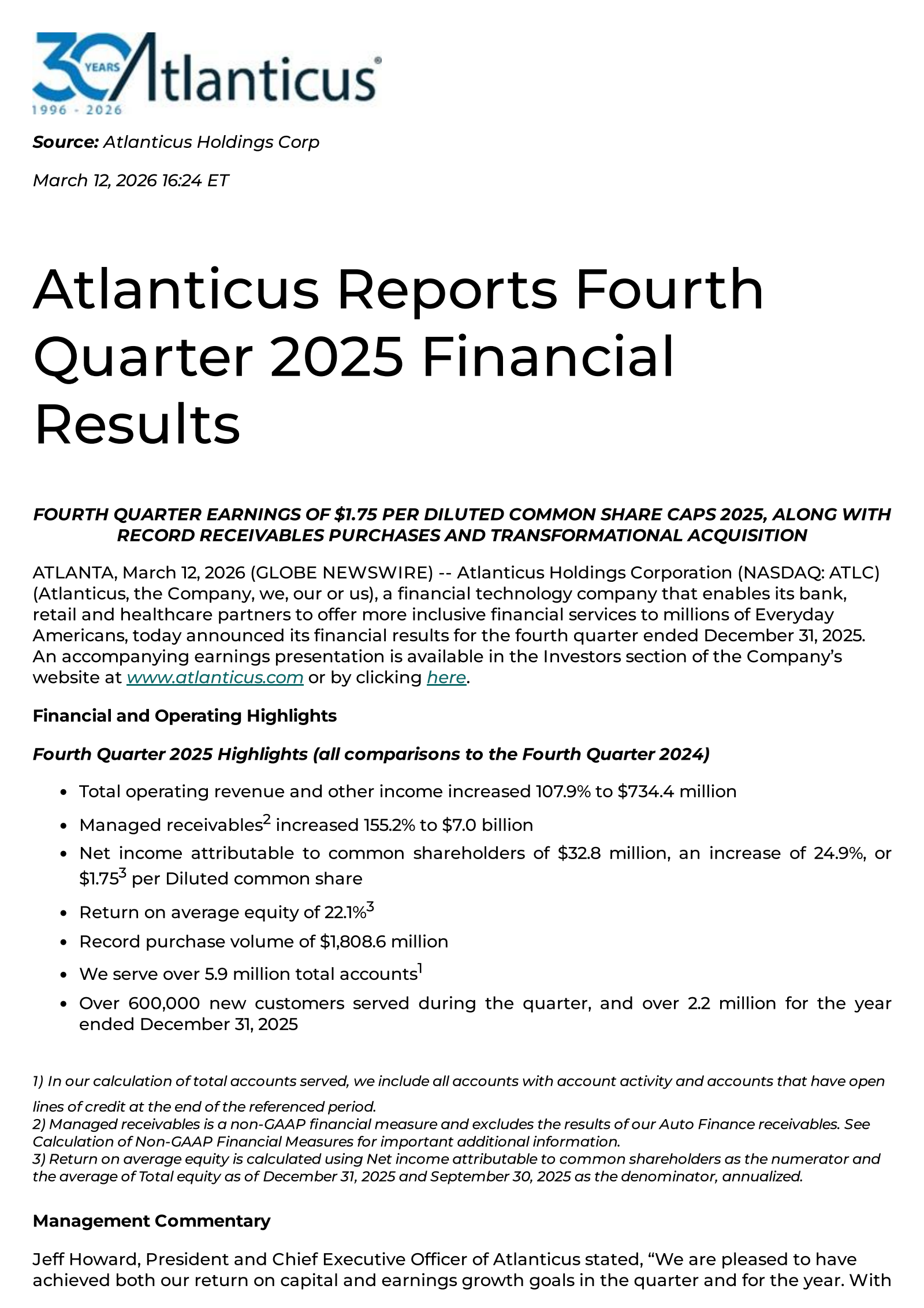 Atlanticus' Q4 2025 Press Release
