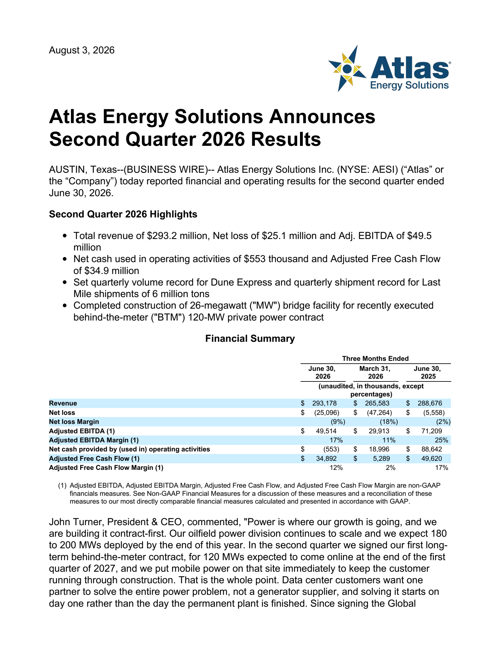 Atlas Energy Solutions' Q2 2026 Press Release
