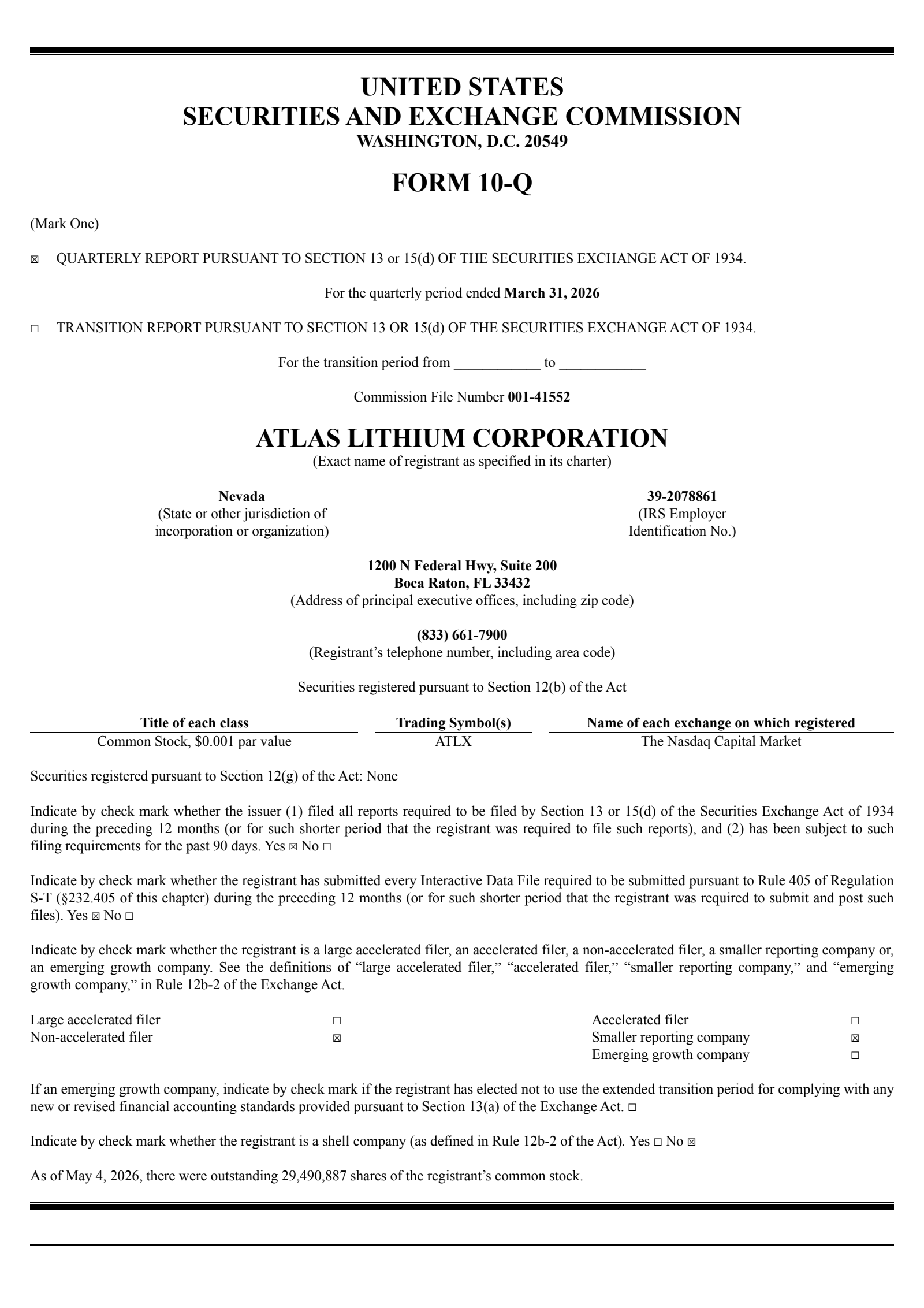 Atlas Lithium's Q1 2026 Quarterly report