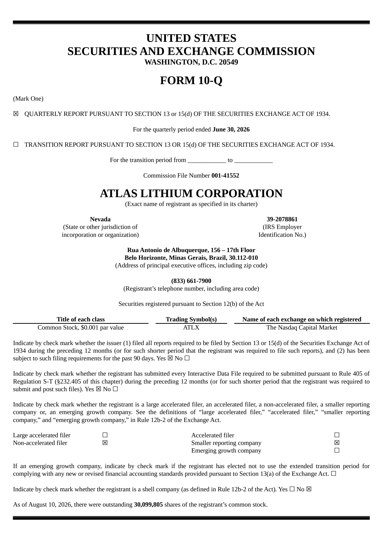 Atlas Lithium's Q2 2026 Quarterly report