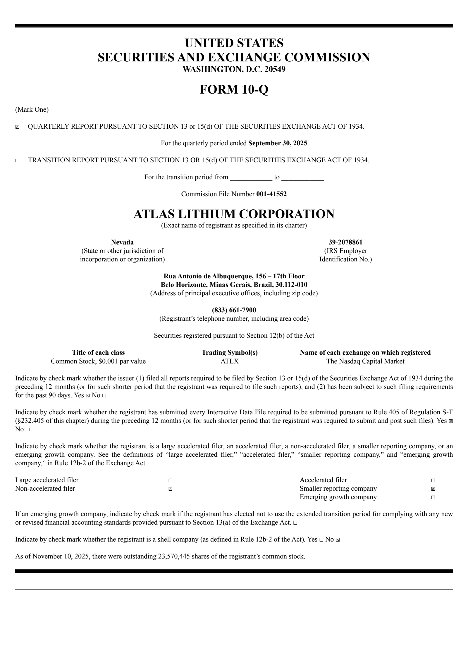 Atlas Lithium's Q3 2025 Quarterly Report