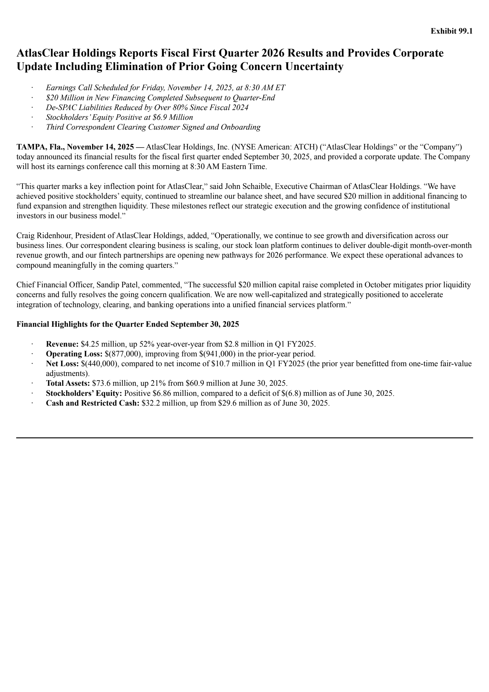 AtlasClear's Q1 2026 Earnings Release