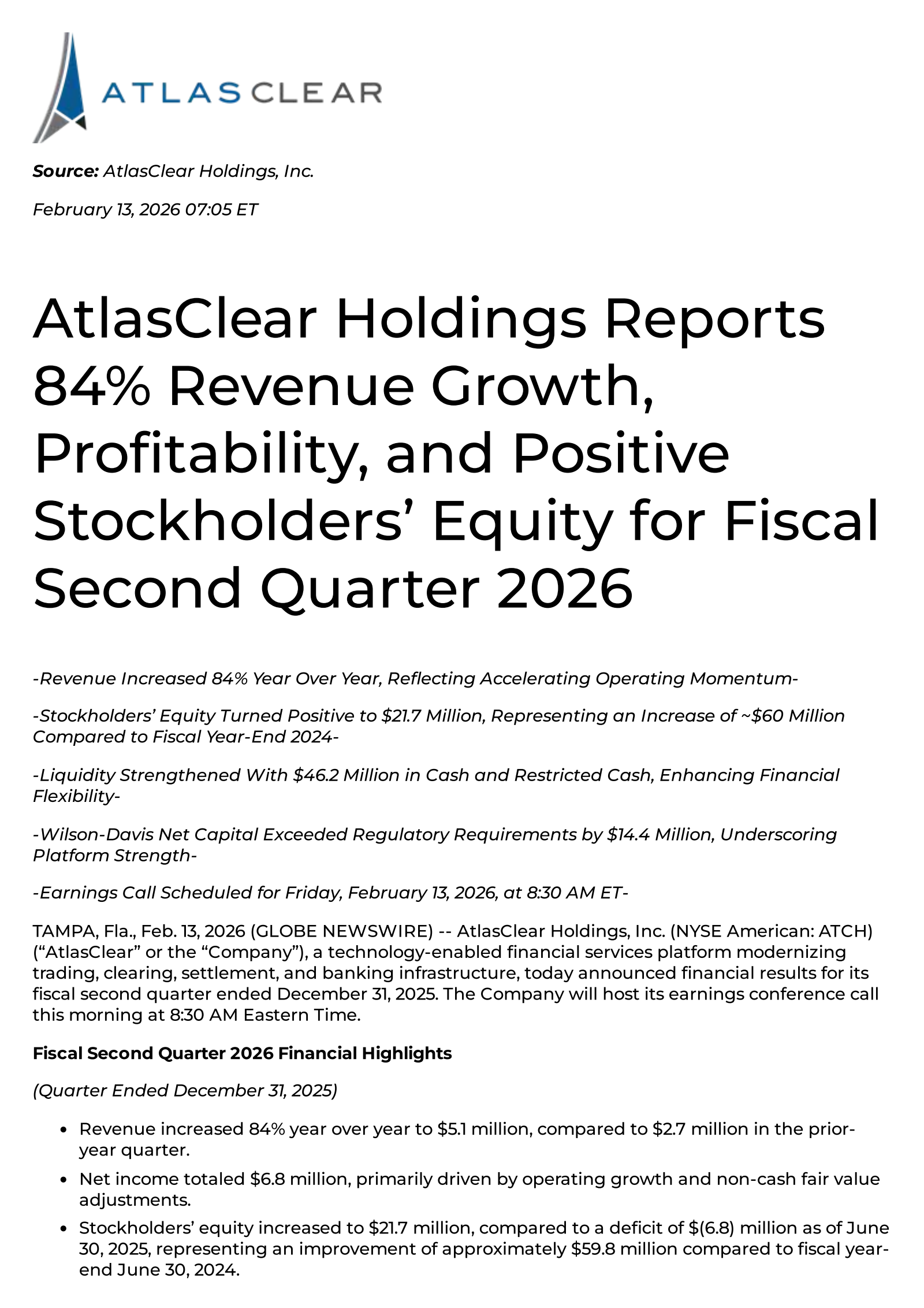 AtlasClear's Q2 2026 Press Release