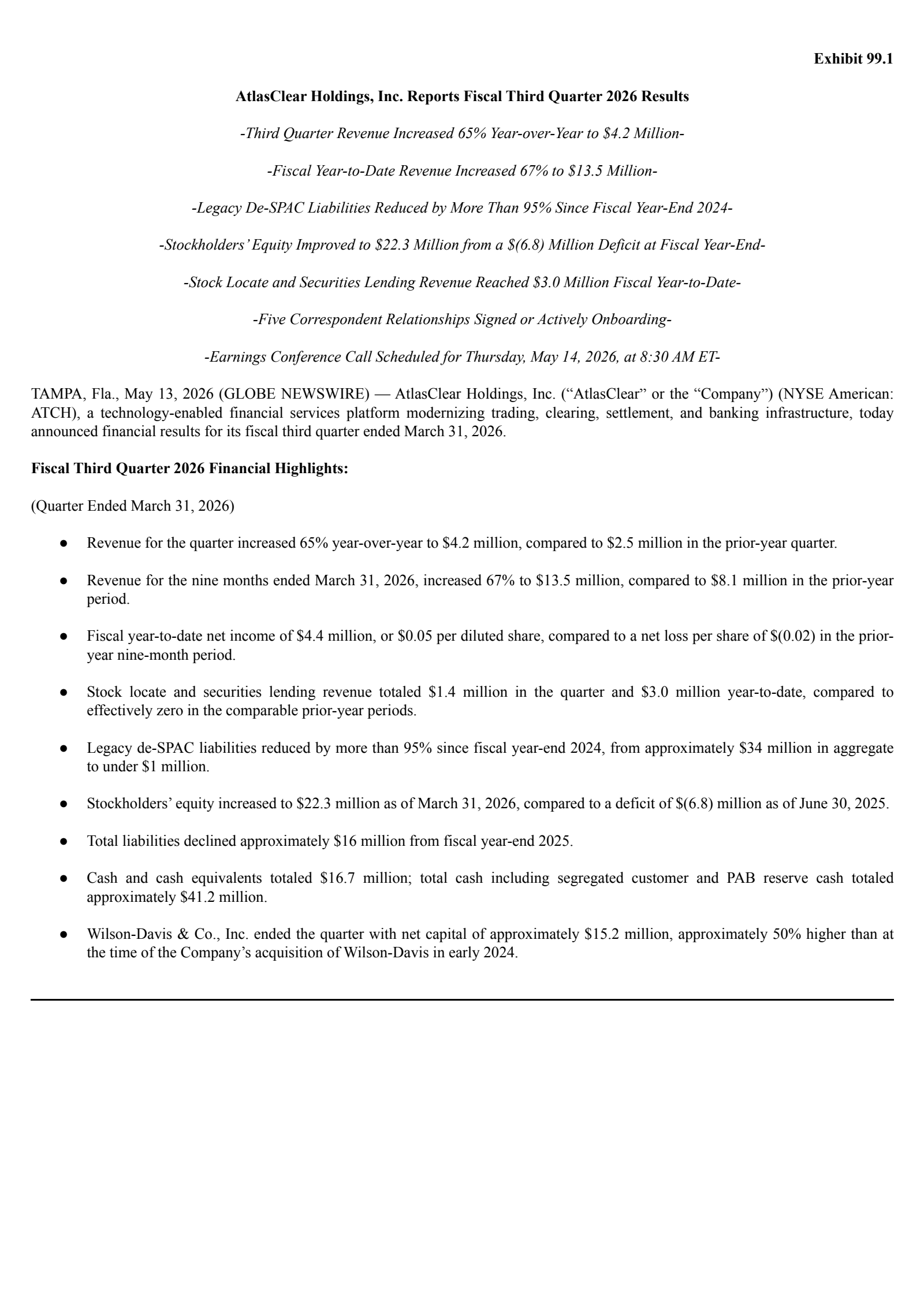 AtlasClear's Q3 2026 Press Release