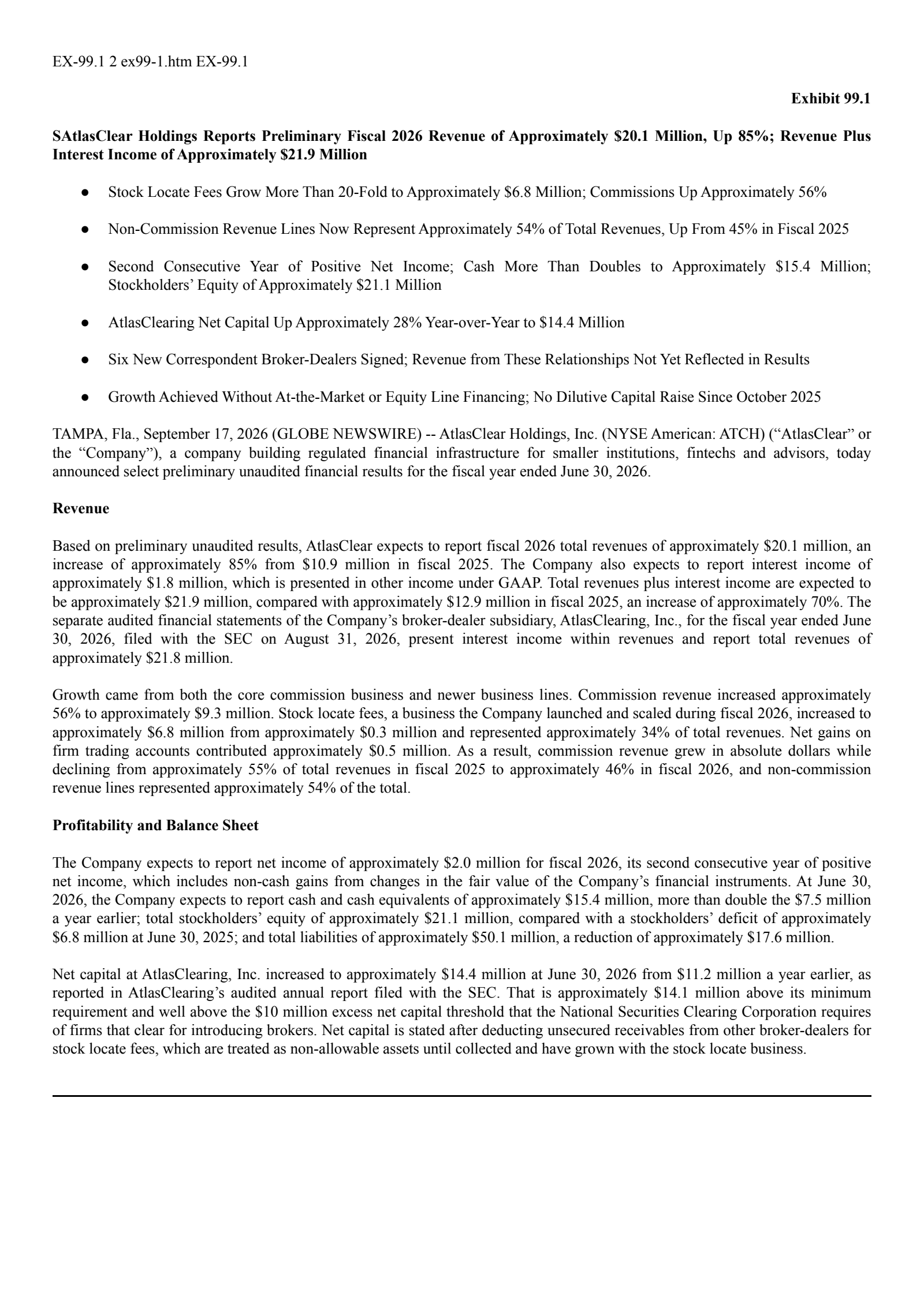AtlasClear's Q4 2026 Press Release