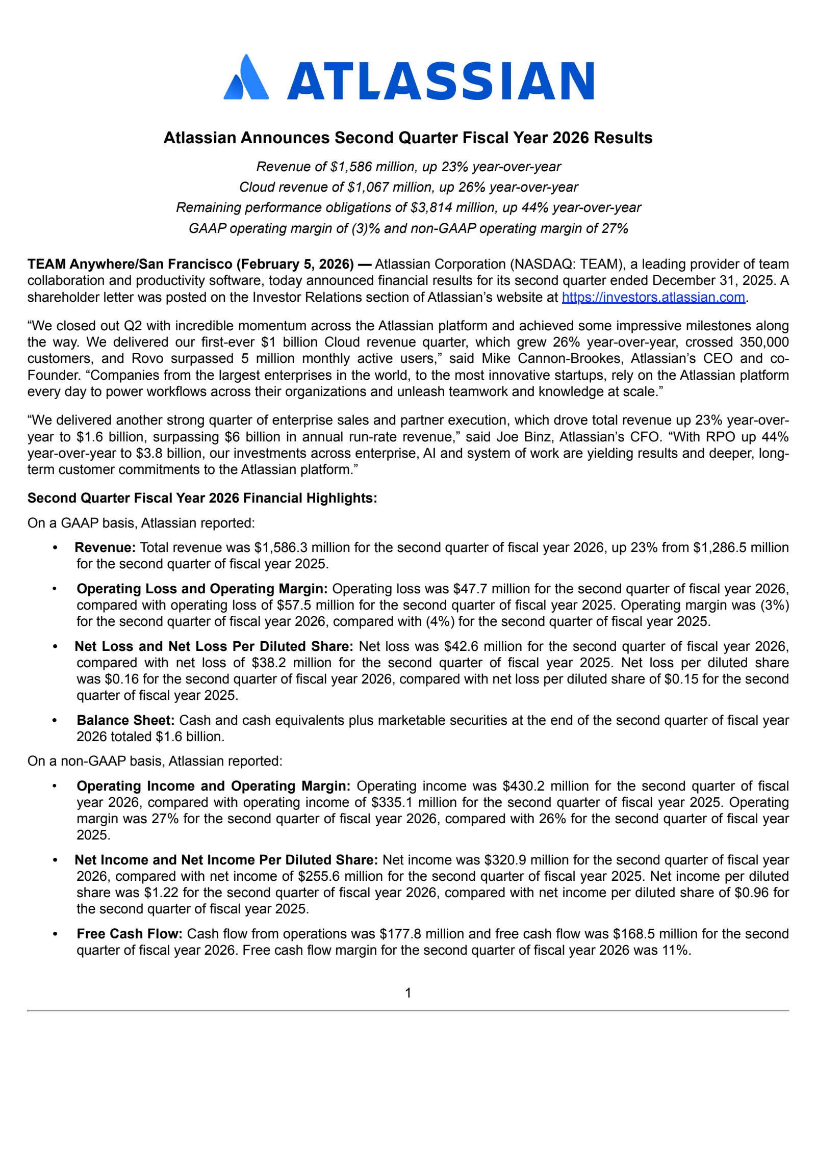 Atlassian's Q2 2026 Press Release