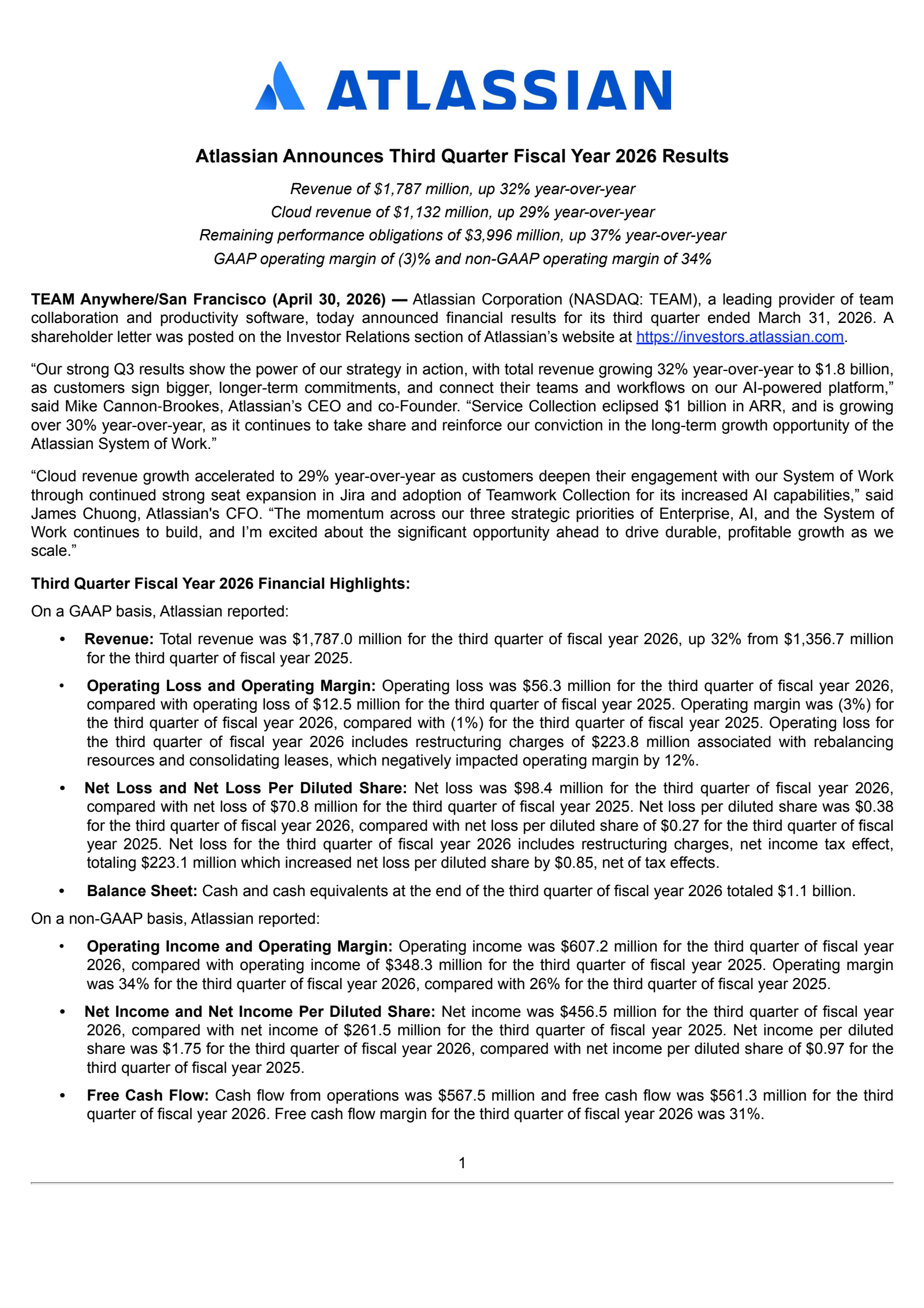 Atlassian's Q3 2026 Press Release