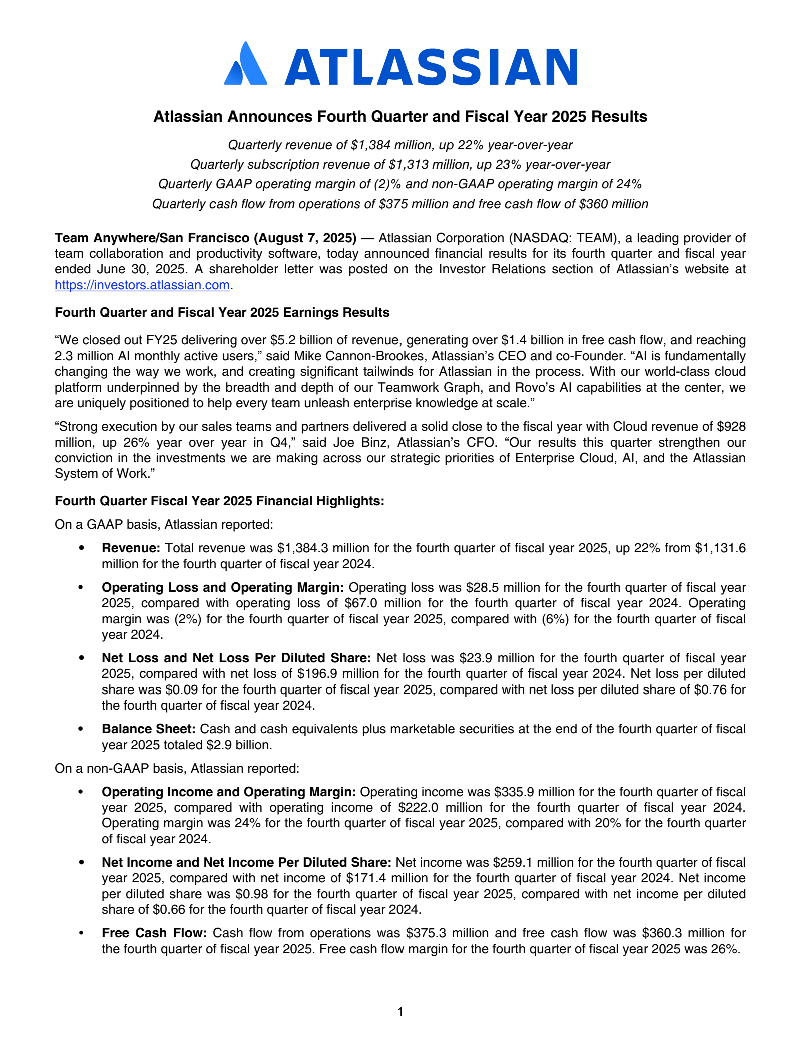 Atlassian's Q4 2025 Earnings Release