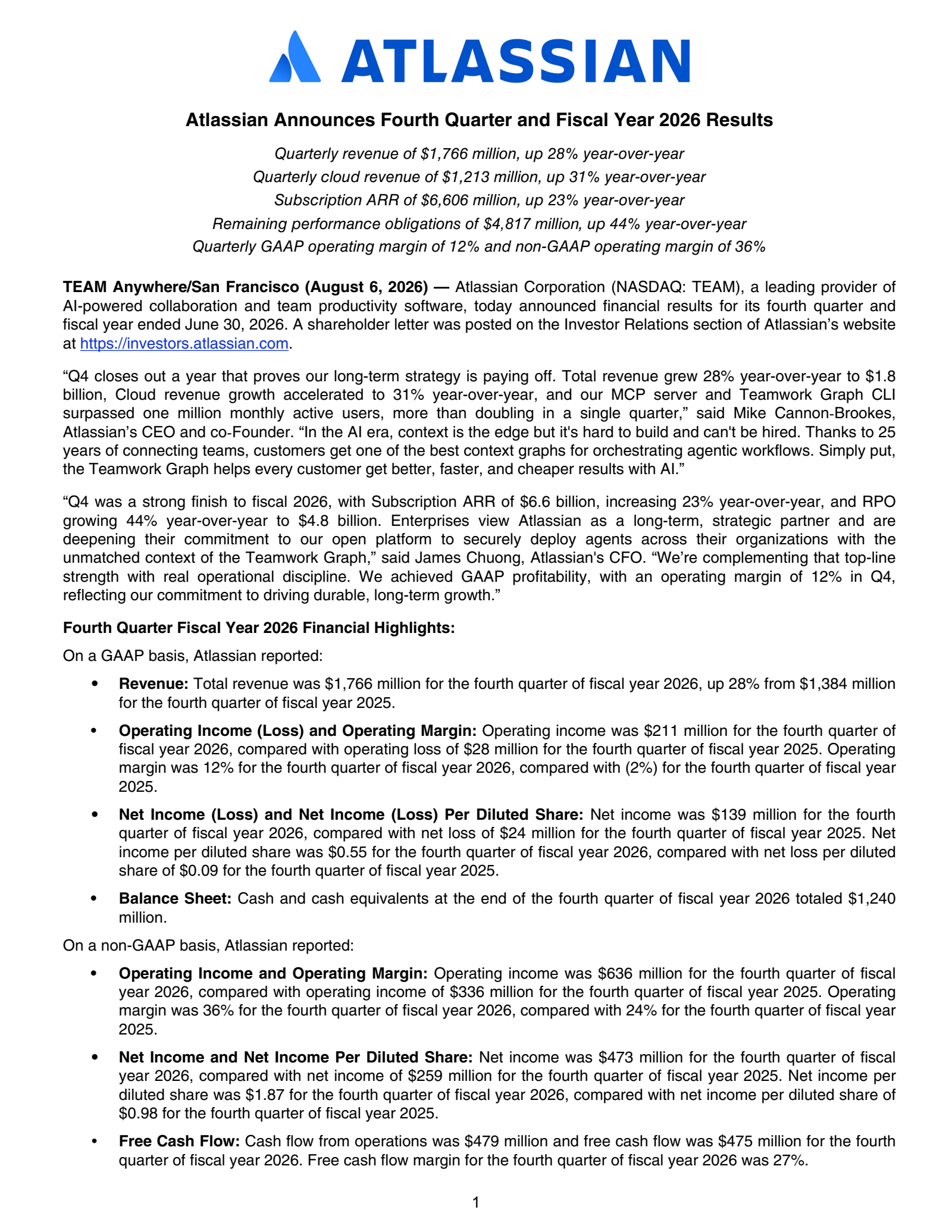 Atlassian's Q4 2026 Press Release