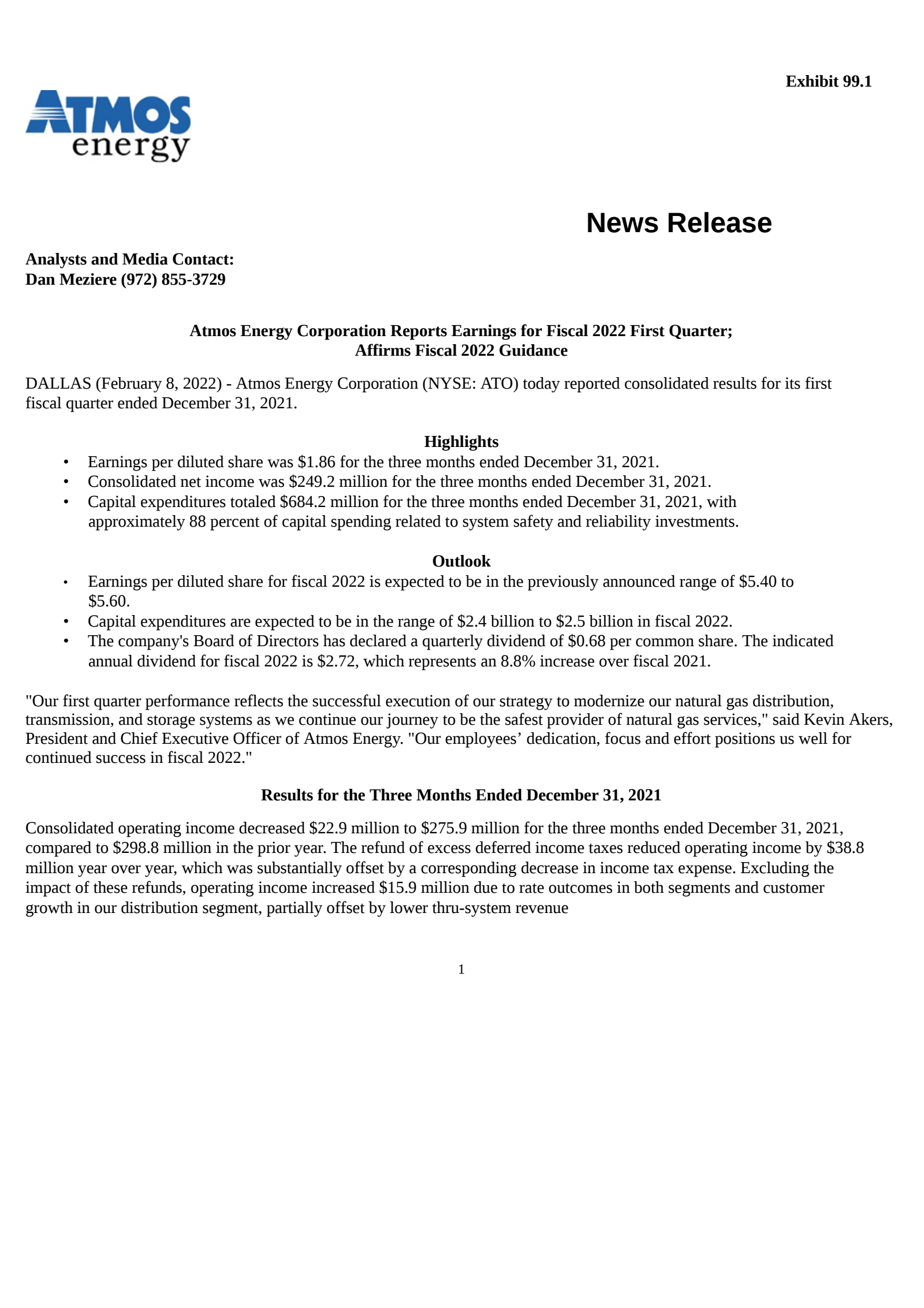Atmos Energy's Q1 2022 Press Release