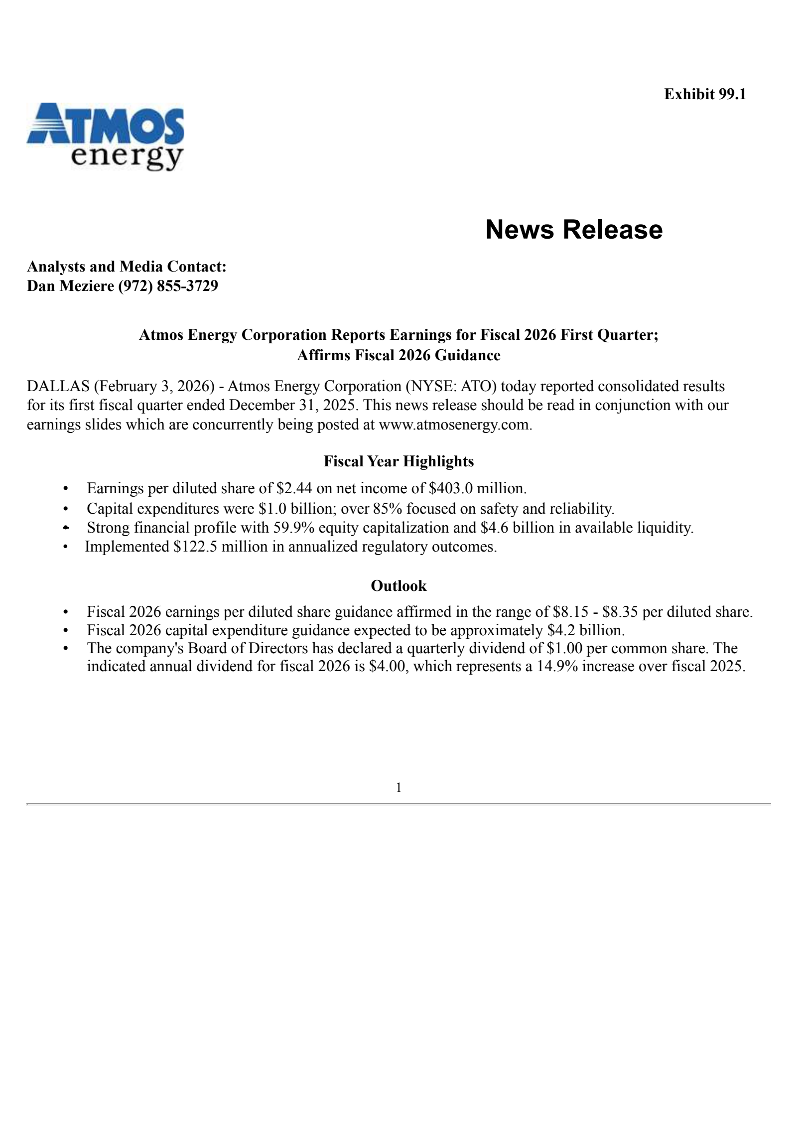 Atmos Energy's Q1 2026 Press Release