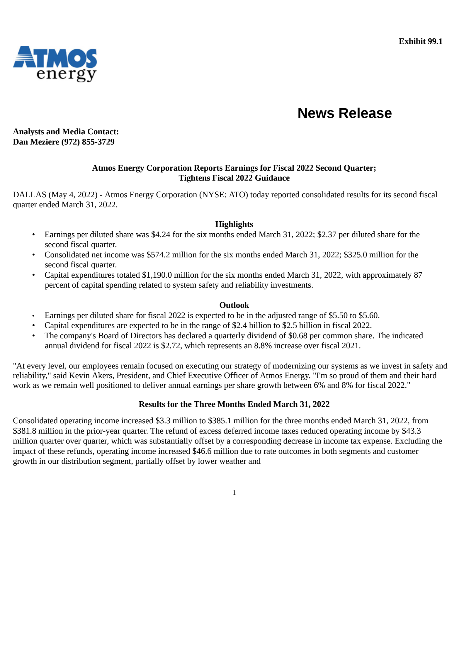 Atmos Energy's Q2 2022 Press Release