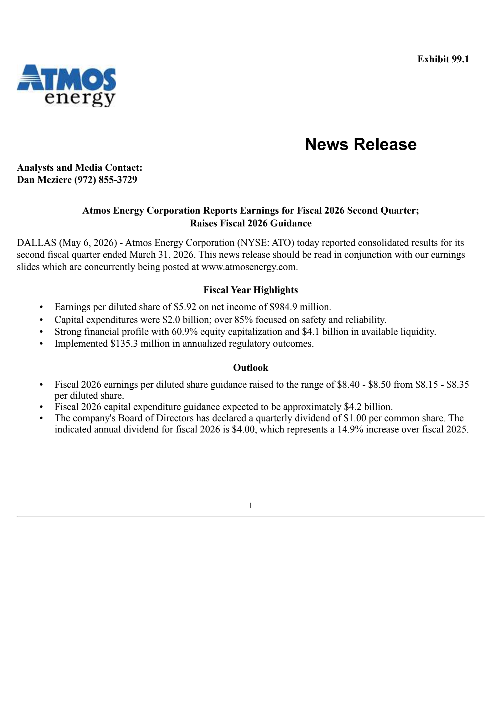 Atmos Energy's Q2 2026 Press Release