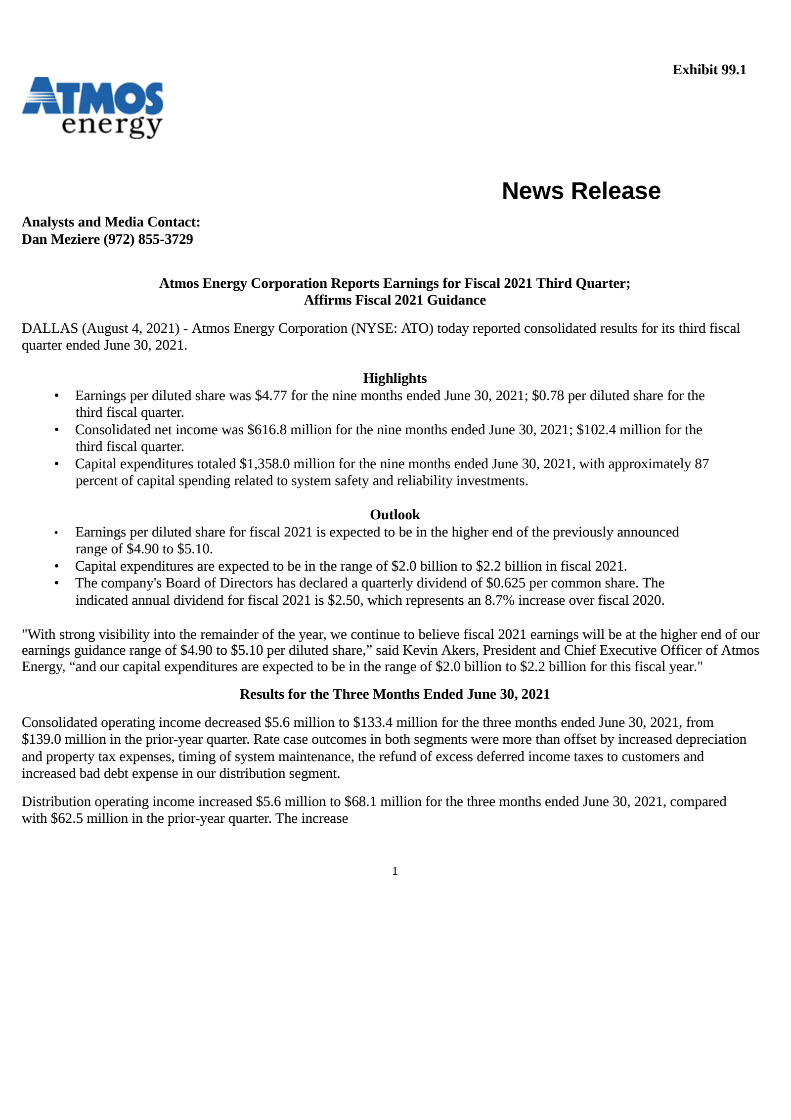 Atmos Energy's Q3 2021 Press Release