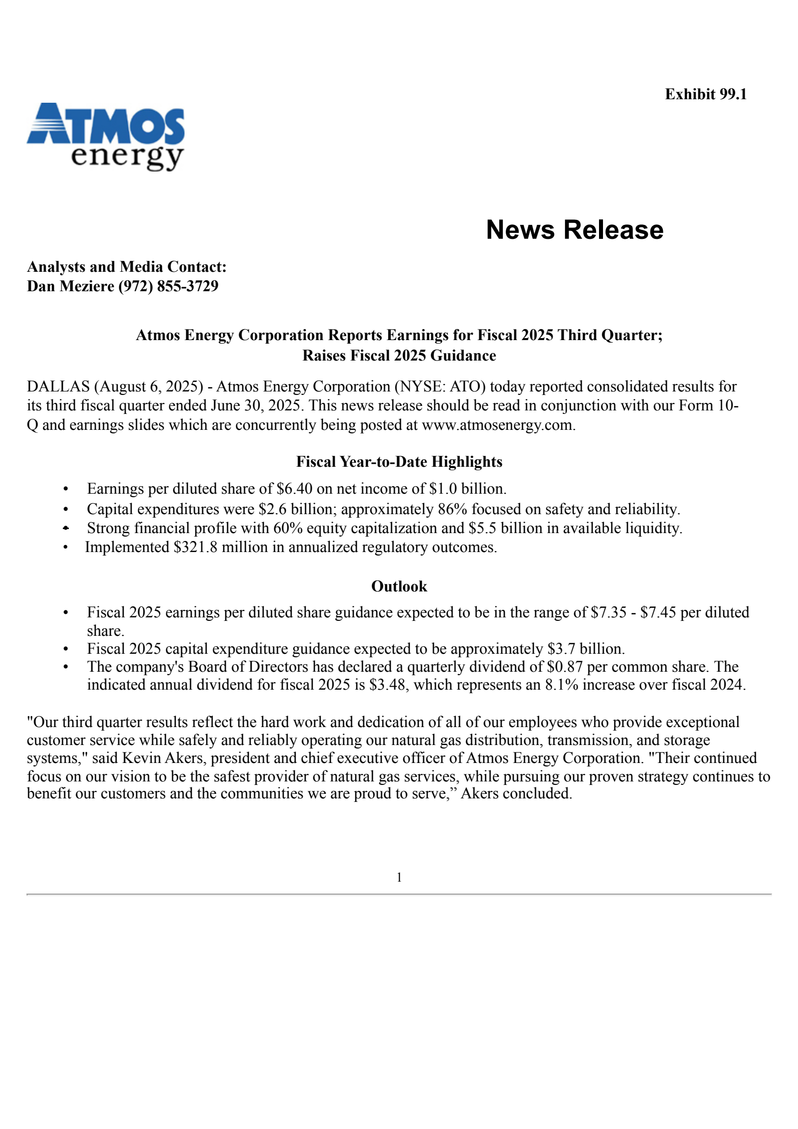 Atmos Energy's Q3 2025 Press Release