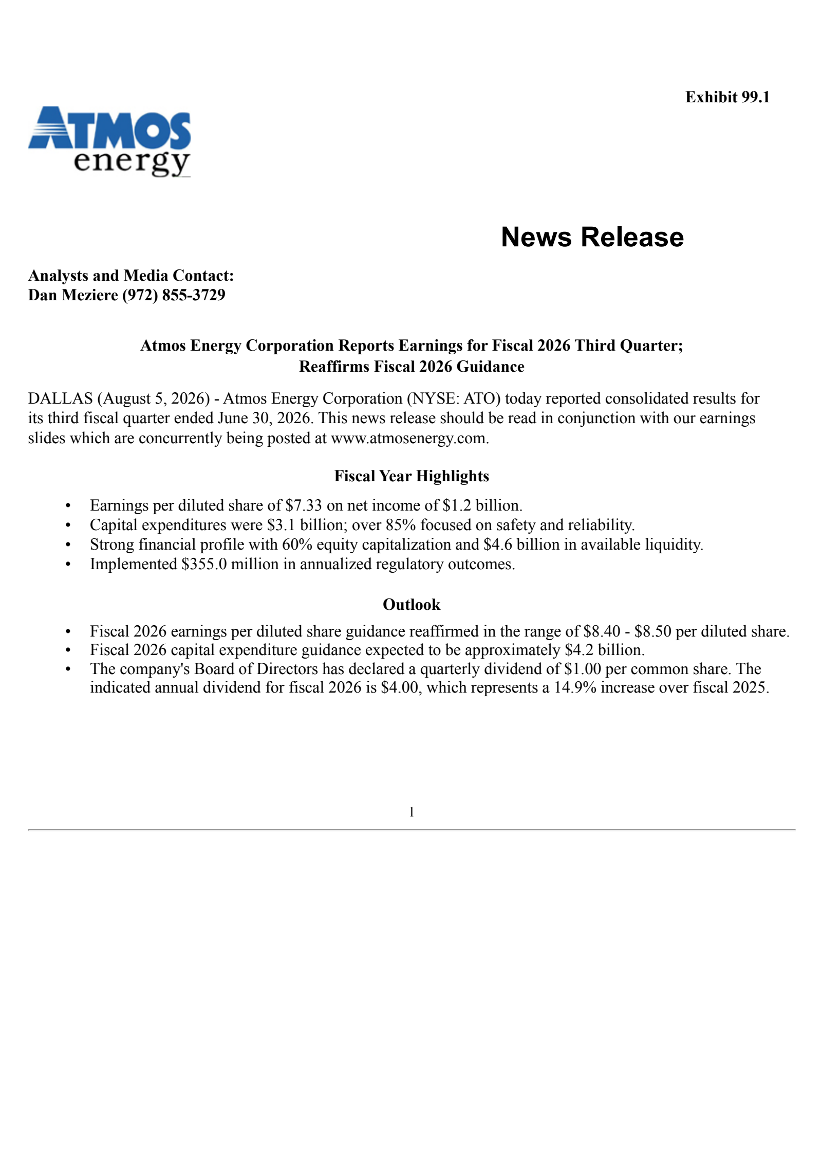 Atmos Energy's Q3 2026 Press Release