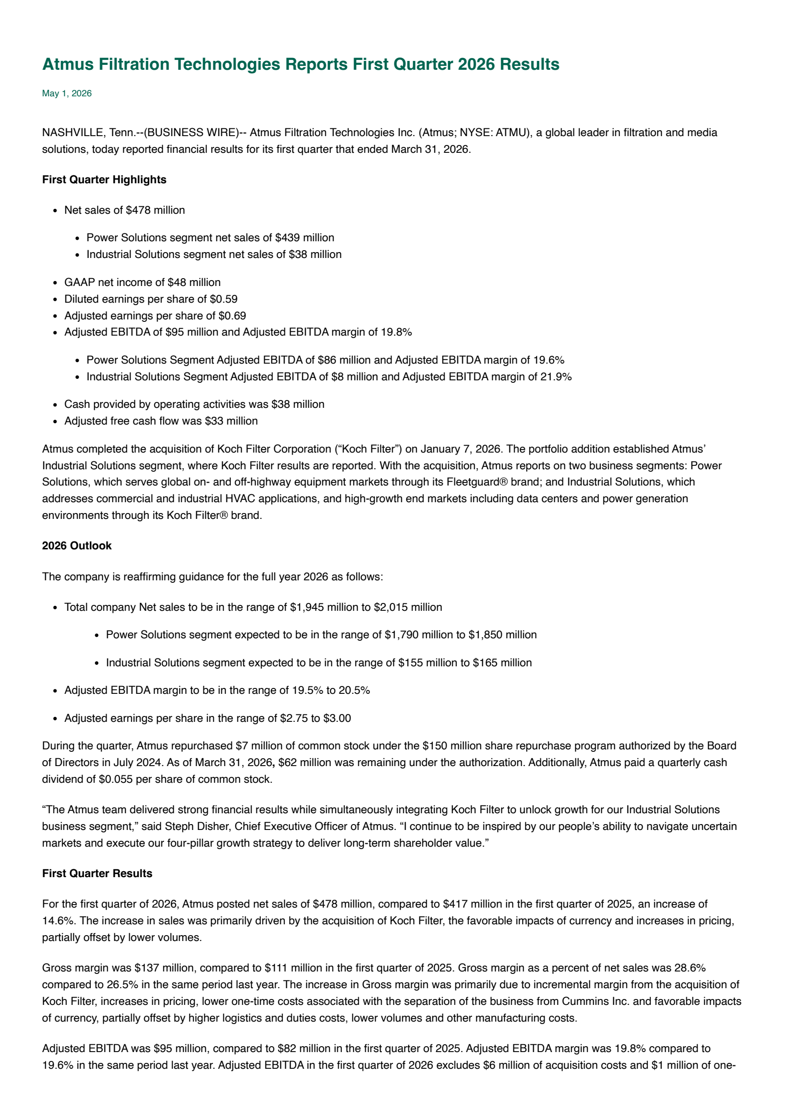 Atmus Filtration Technologies' Q1 2026 Press Release