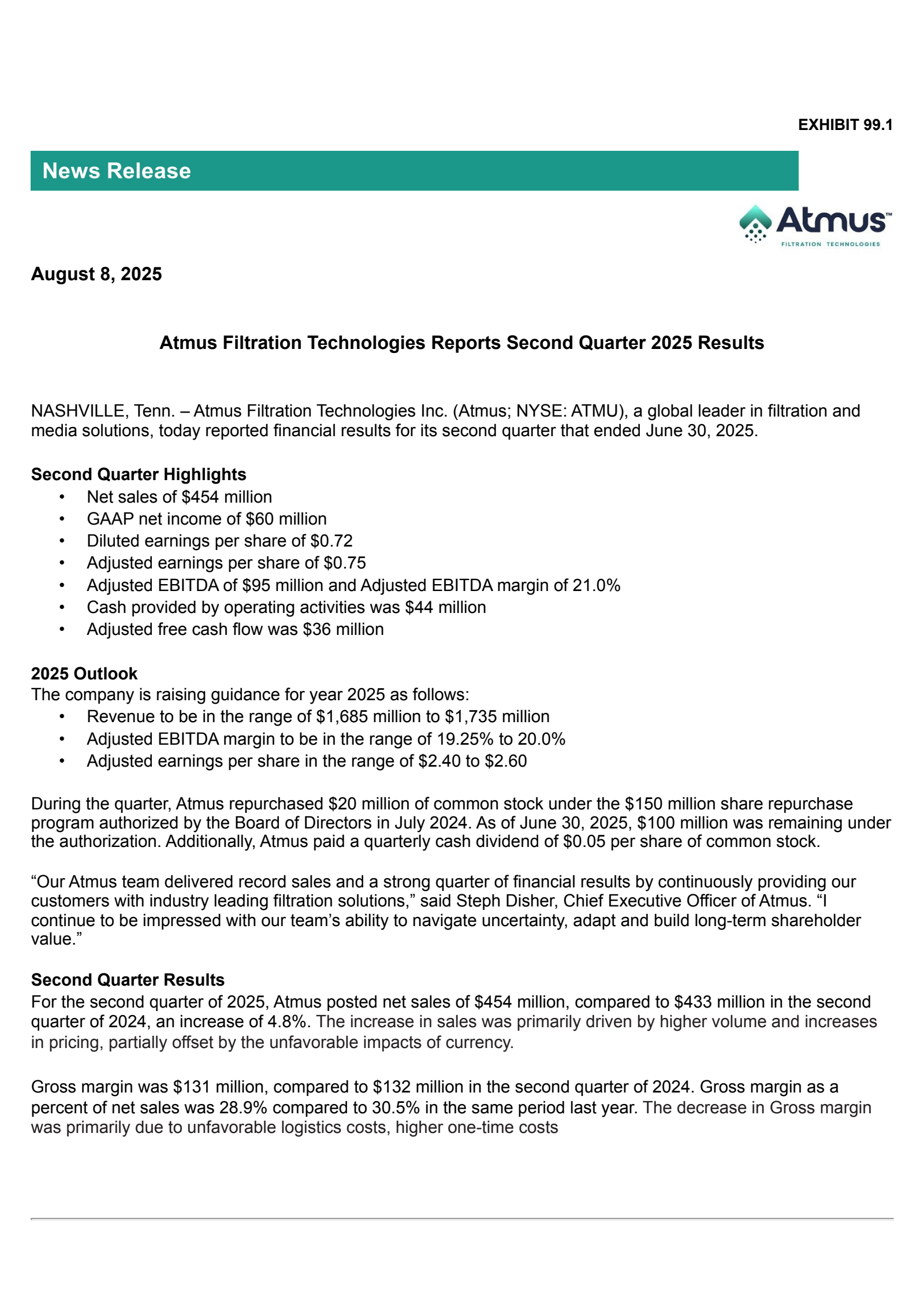 Atmus Filtration Technologies' Q2 2025 Press Release