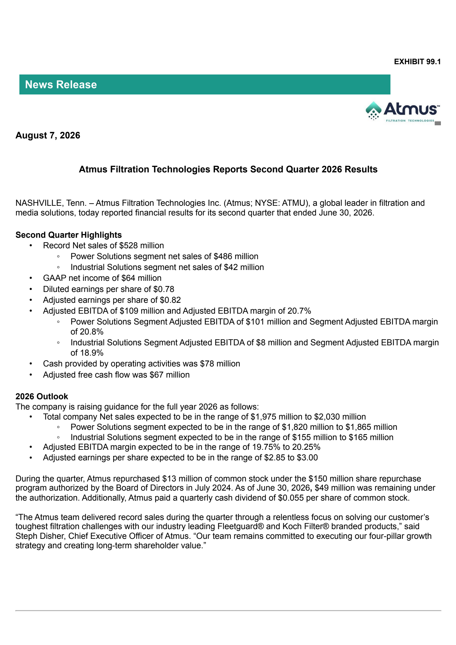 Atmus Filtration Technologies' Q2 2026 Press Release