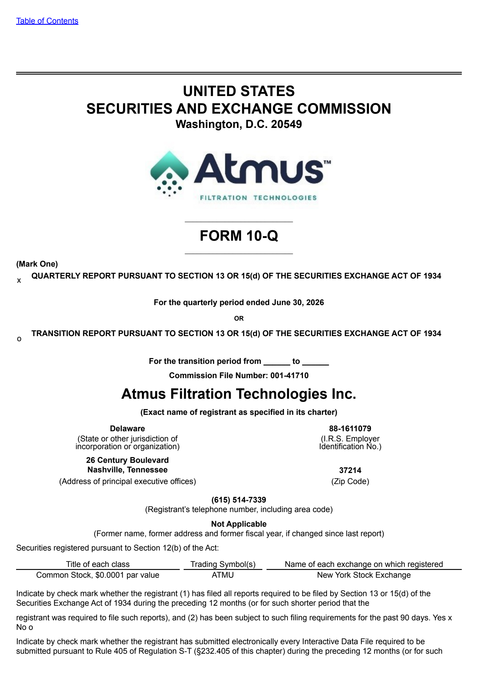 Atmus Filtration Technologies' Q2 2026 Quarterly report