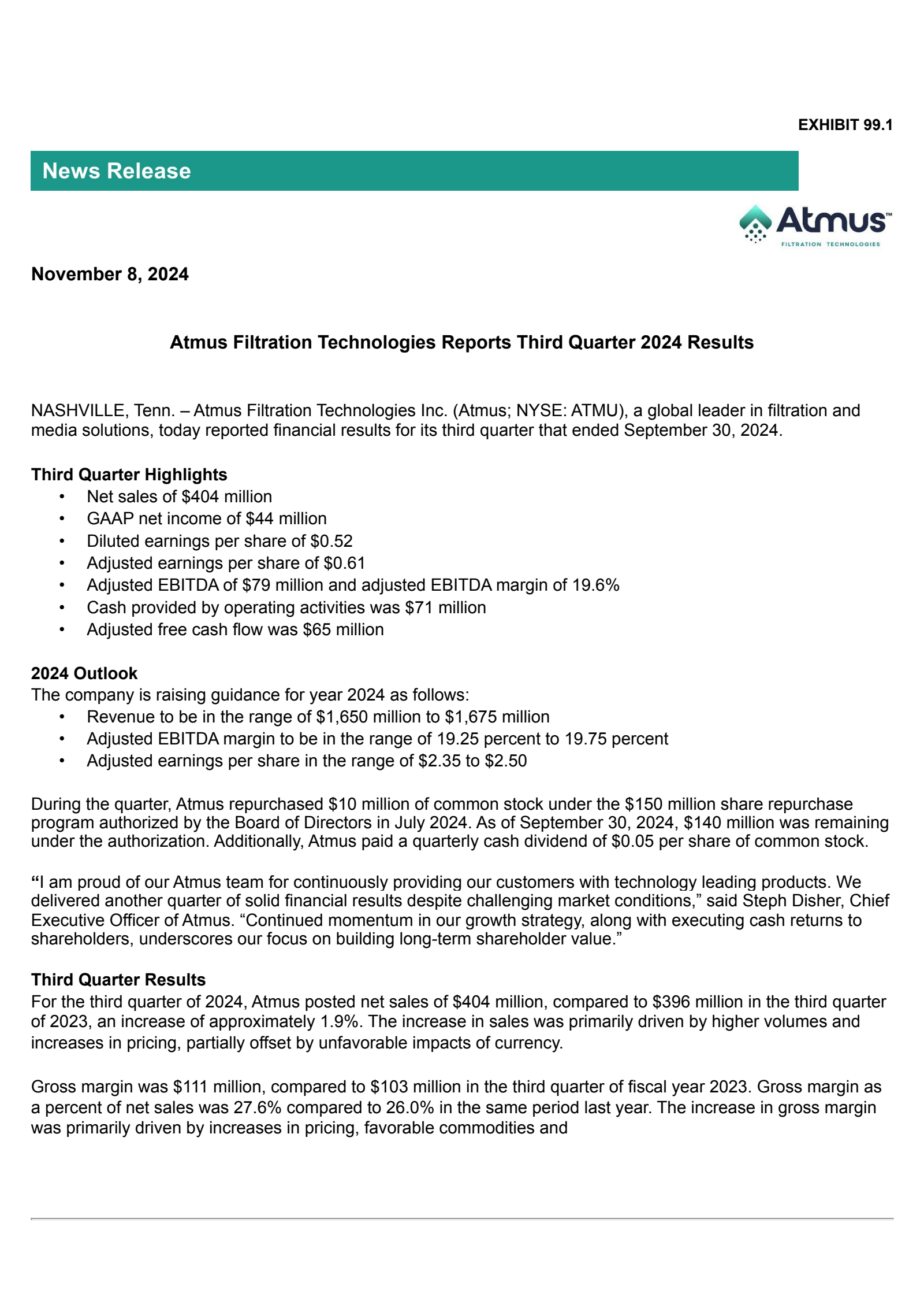 Atmus Filtration Technologies' Q3 2024 Press Release