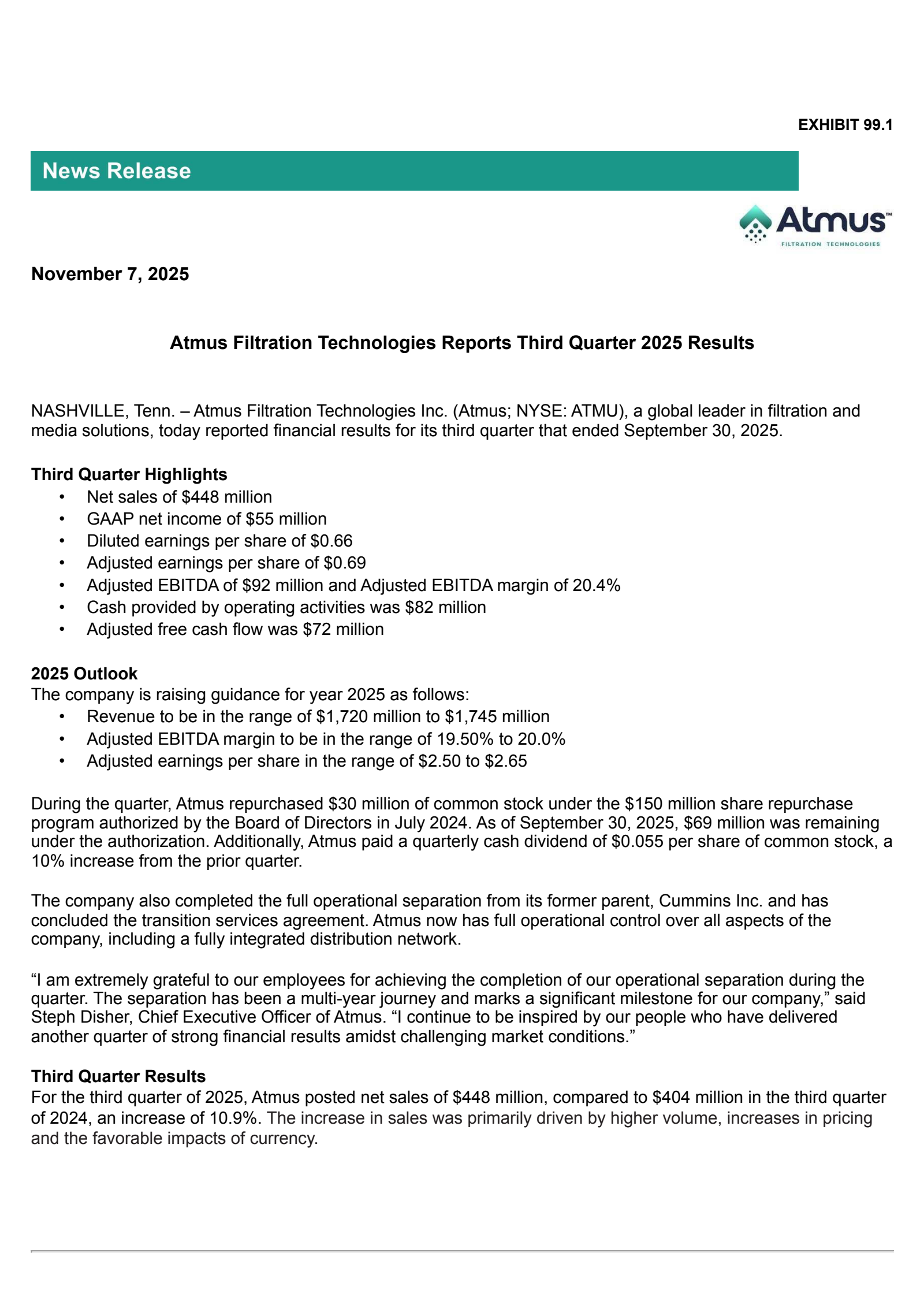 Atmus Filtration Technologies' Q3 2025 Earnings Release