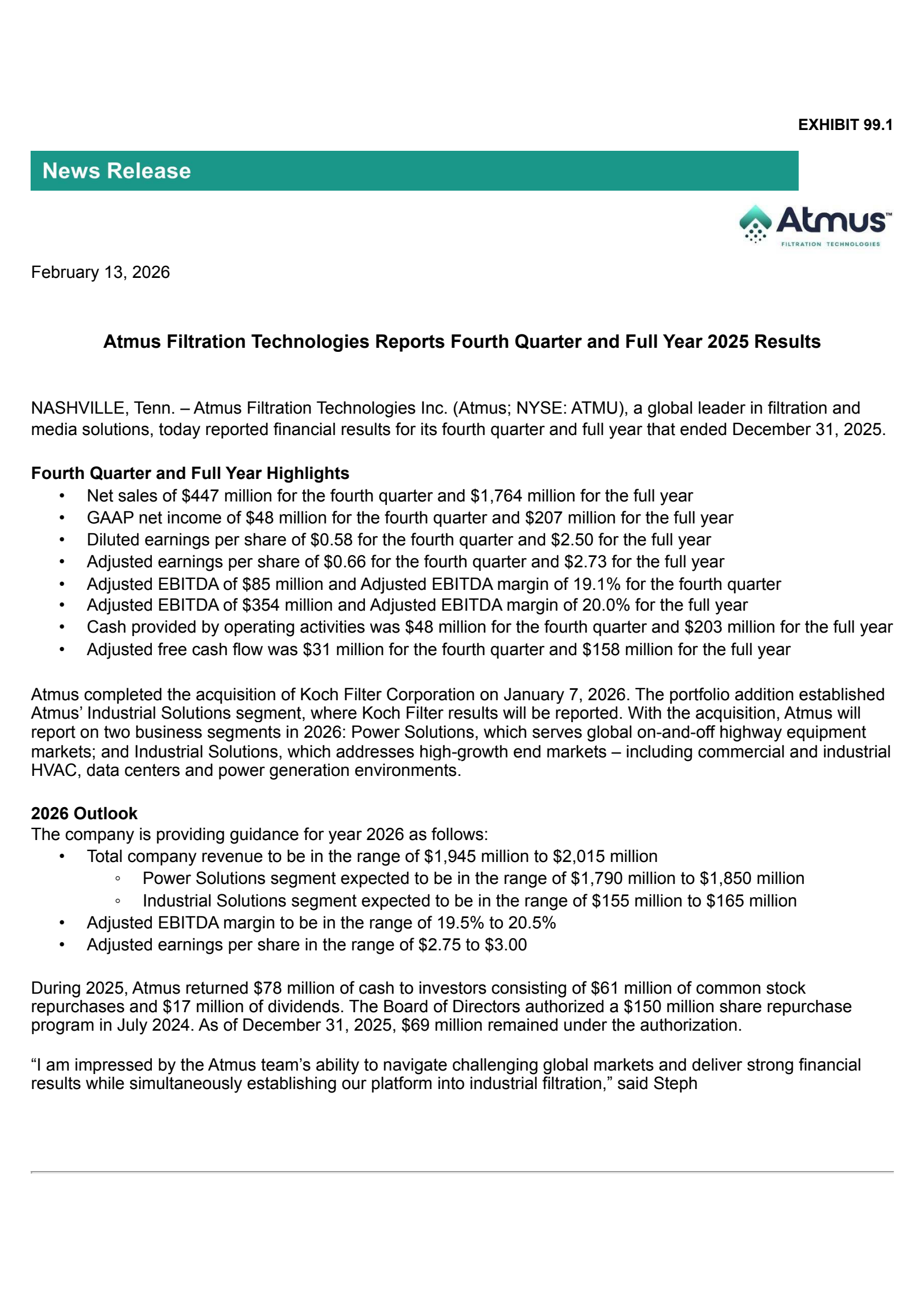 Atmus Filtration Technologies' Q4 2025 Press Release