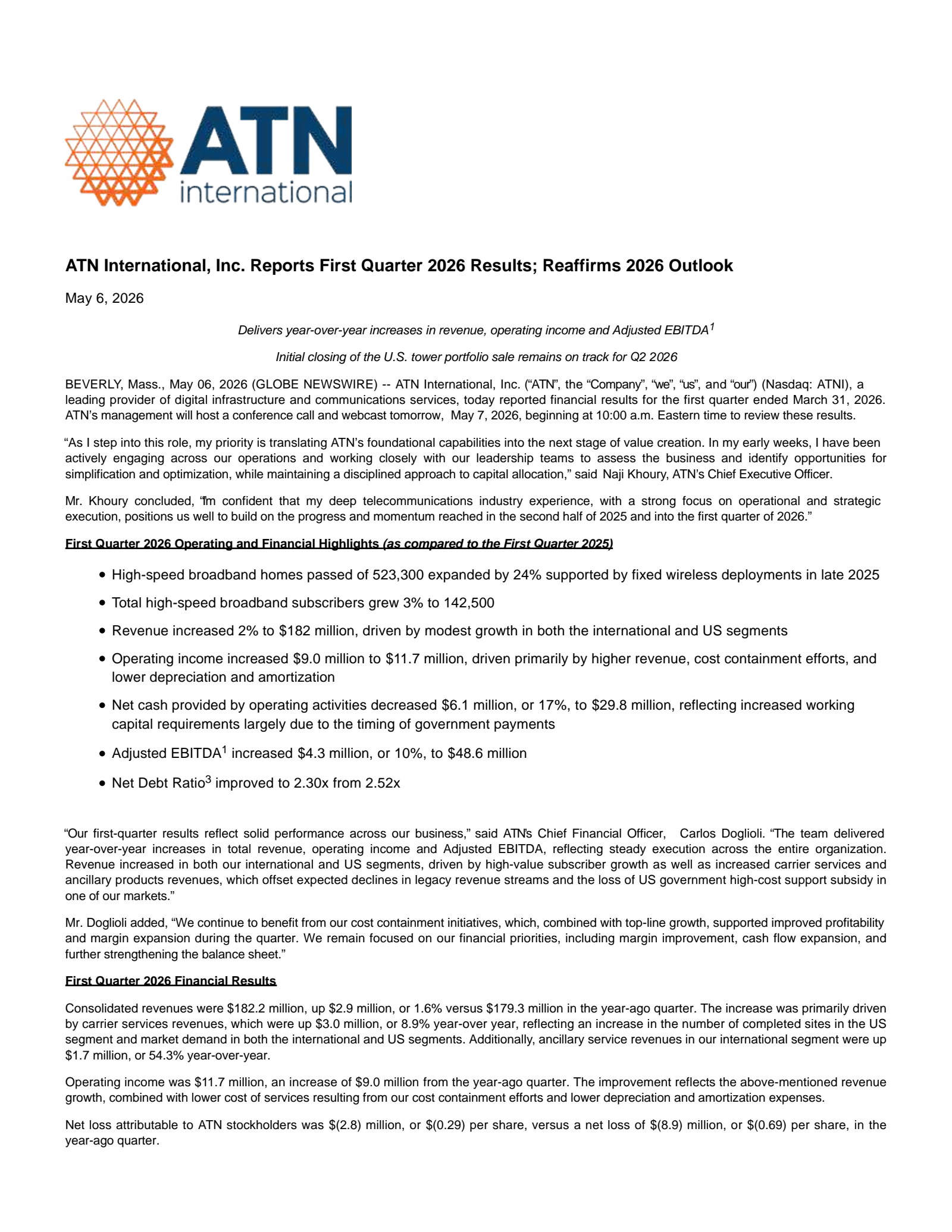 ATN International's Q1 2026 Press Release