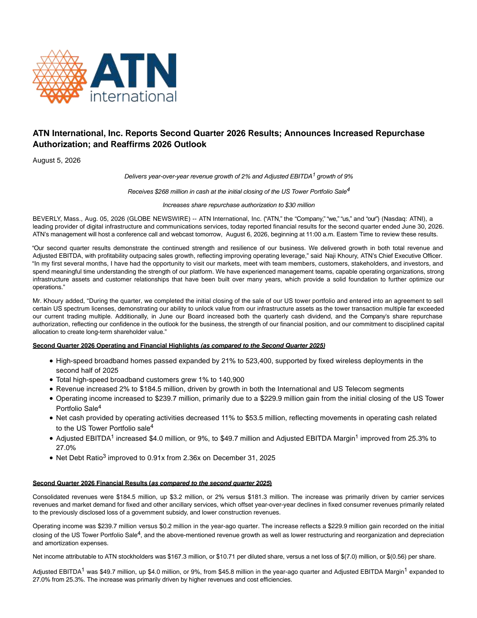 ATN International's Q2 2026 Press Release