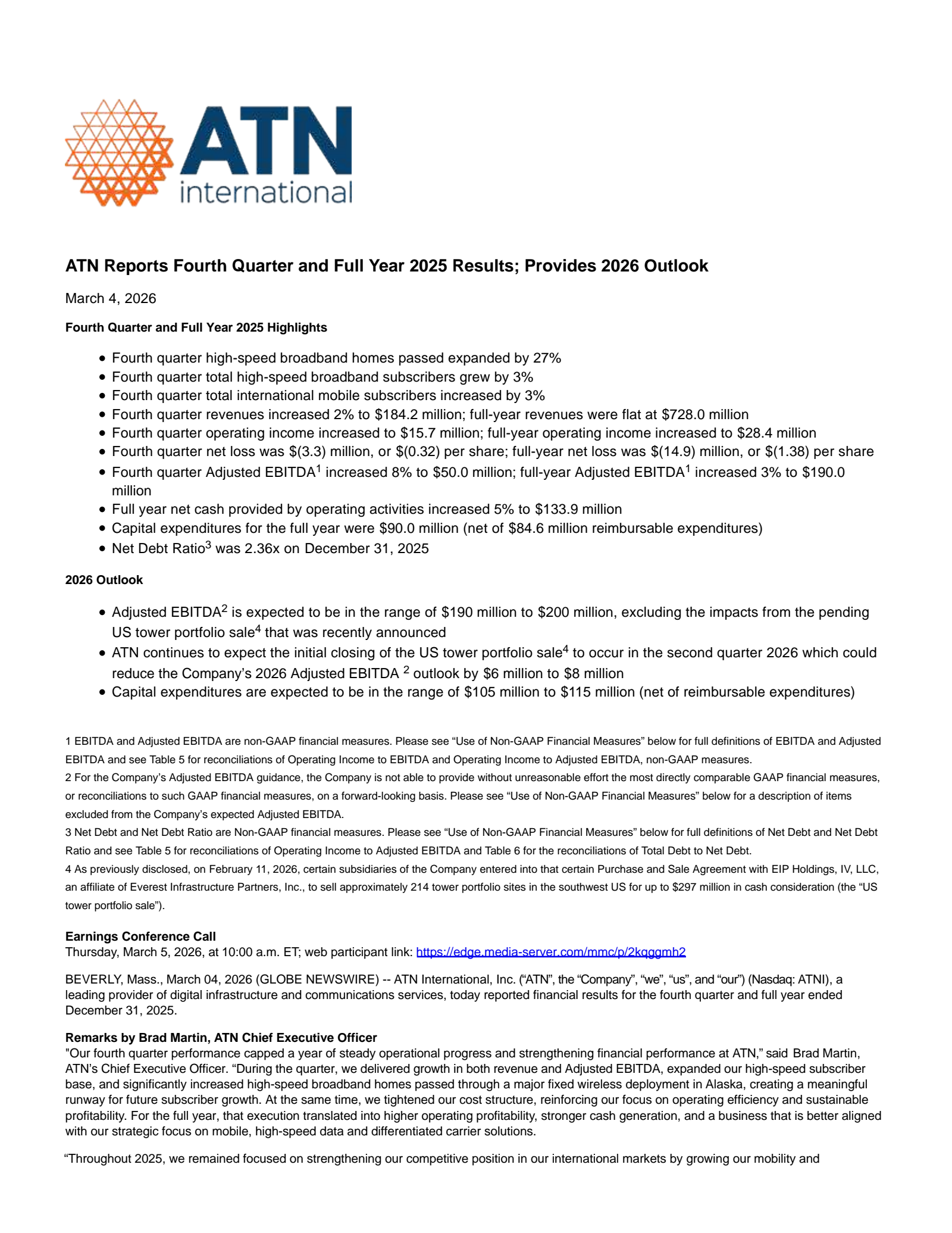 ATN International's Q4 2025 Press Release