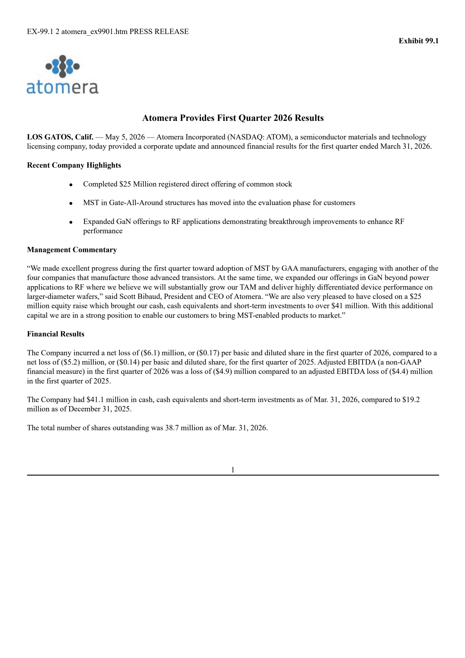 Atomera's Q1 2026 Press Release