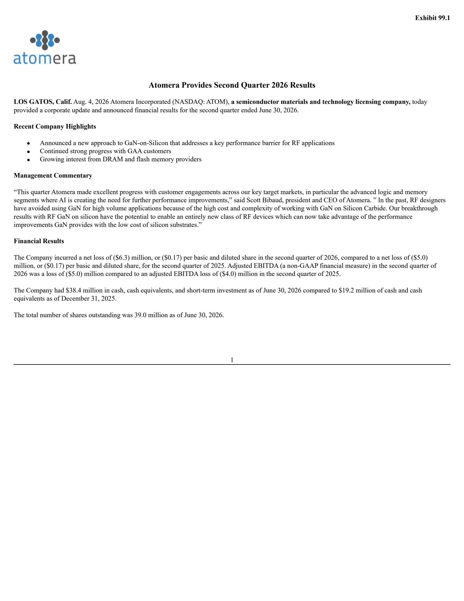 Atomera's Q2 2026 Press Release