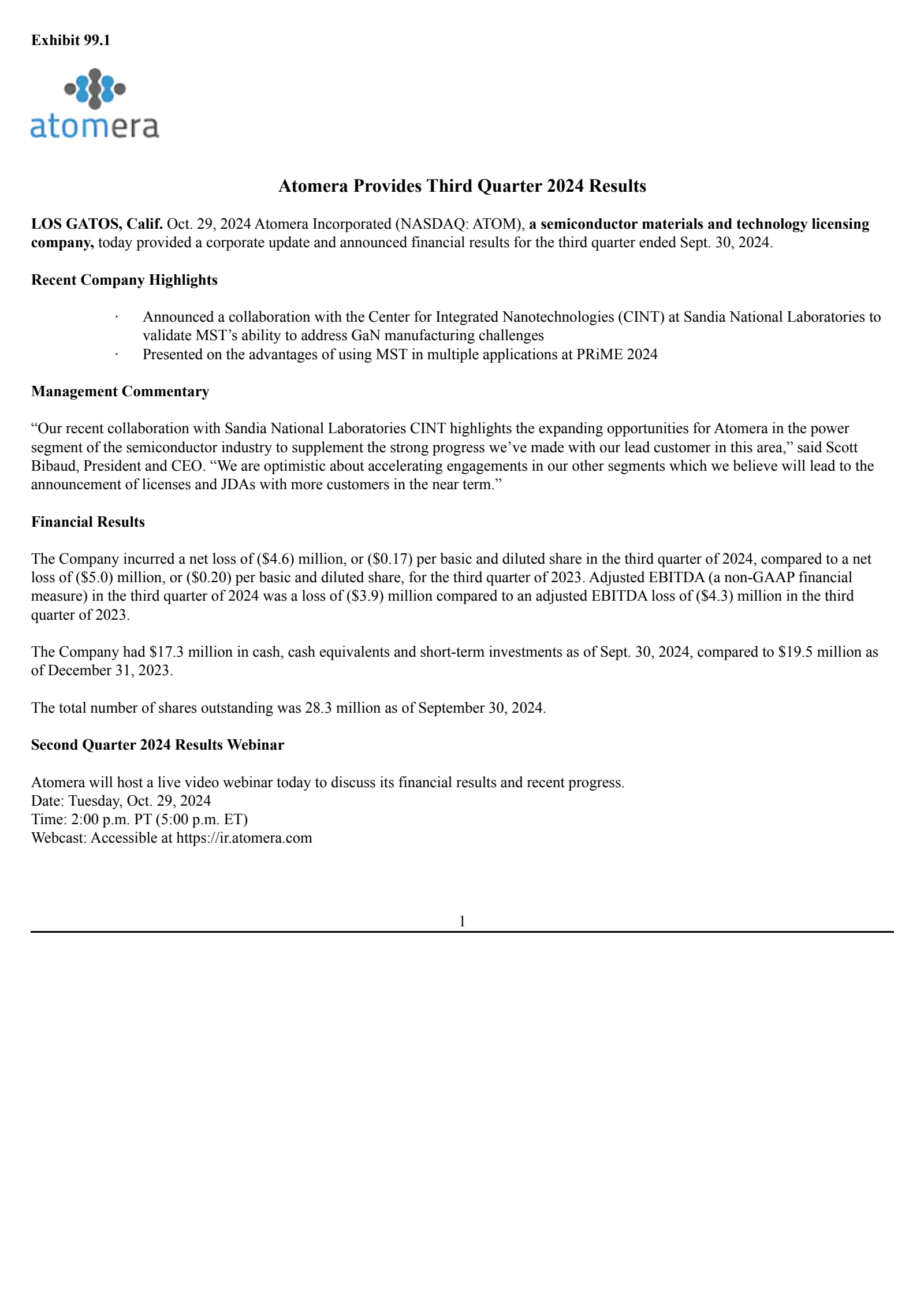 Atomera's Q3 2024 Press Release