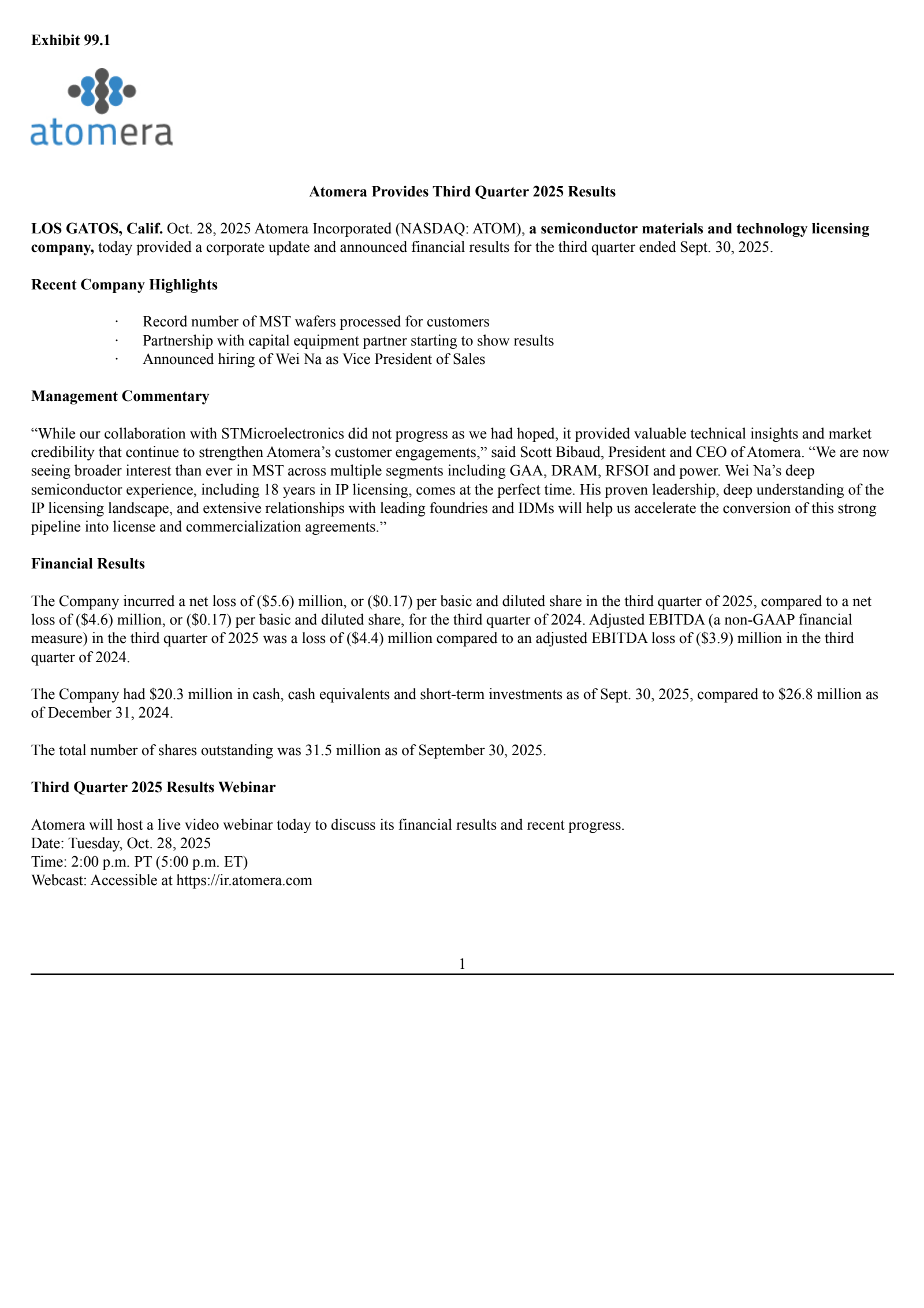 Atomera's Q3 2025 Earnings Release