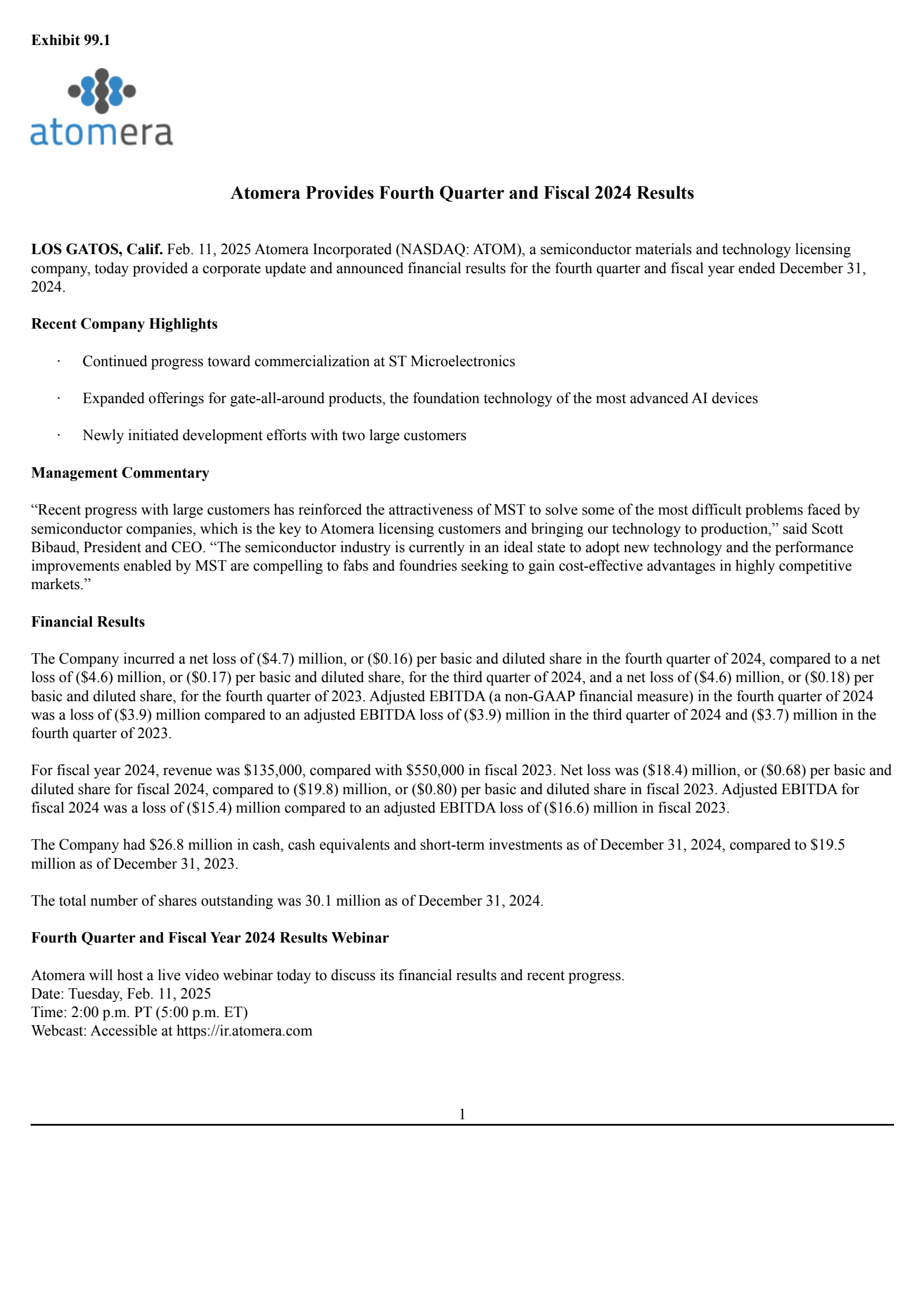Atomera's Q4 2024 Press Release