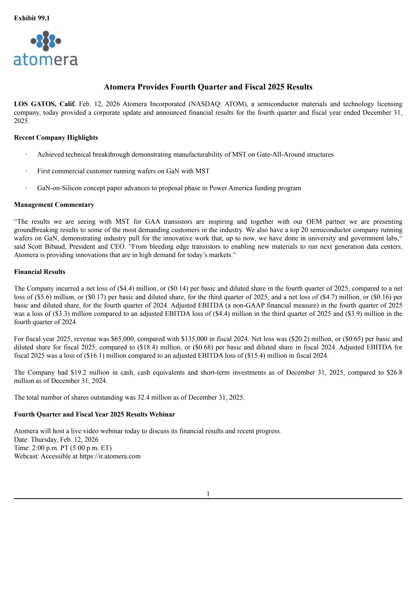 Atomera's Q4 2025 Press Release